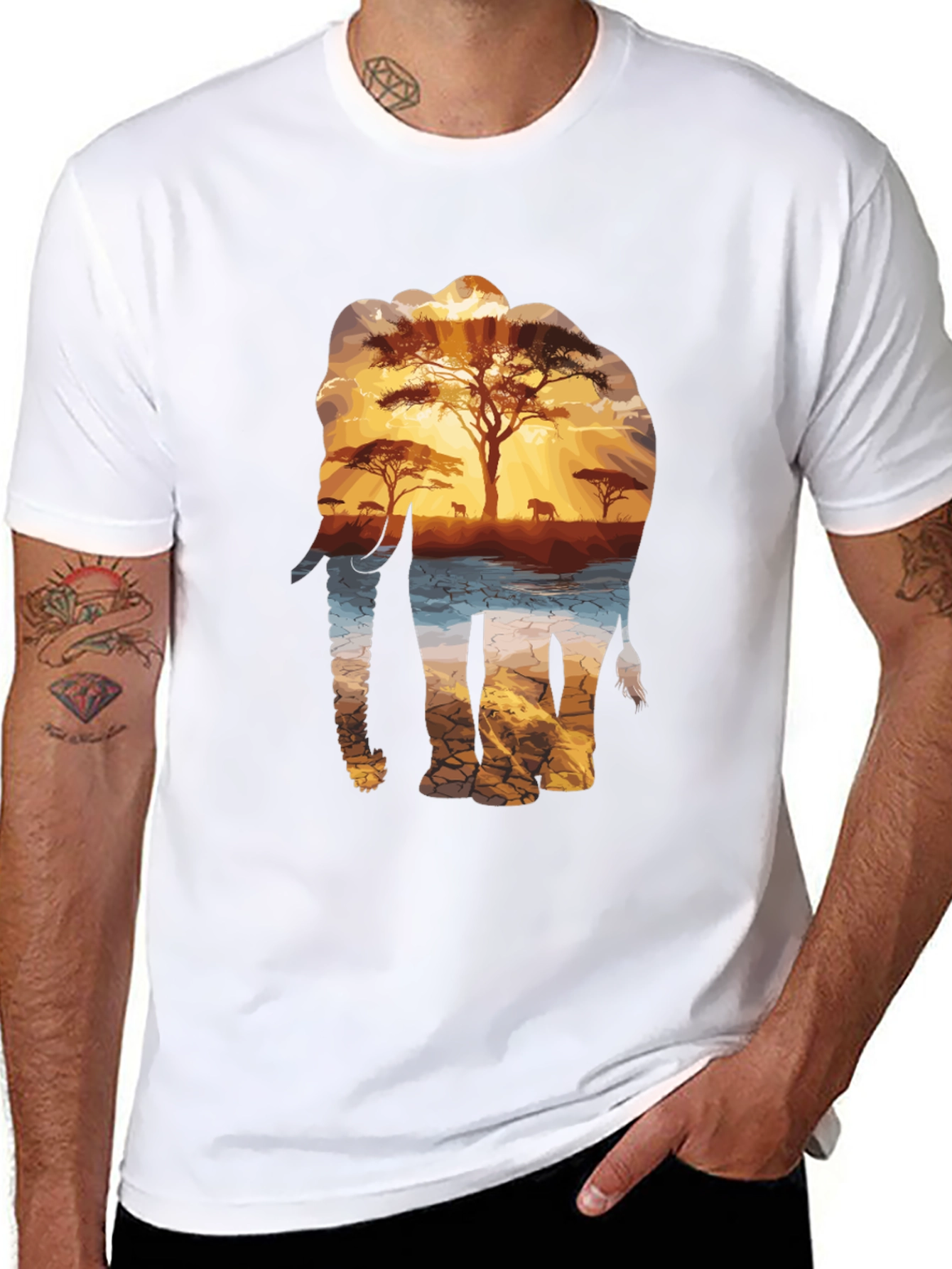 Elephant Sunset Graphic Tee - Nature Inspired Black T-Shirt