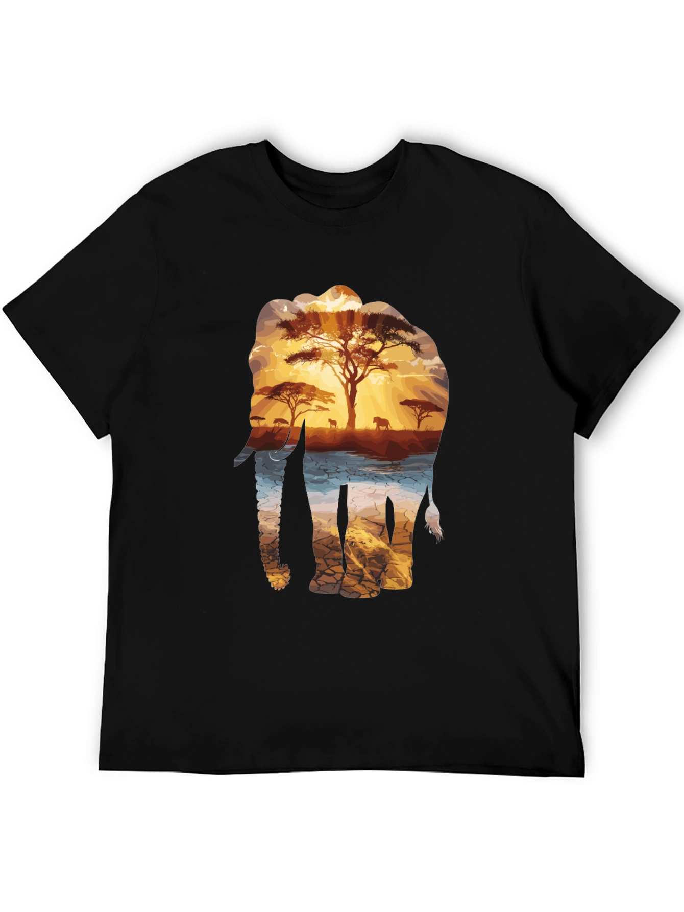Elephant Sunset Graphic Tee - Nature Inspired Black T-Shirt