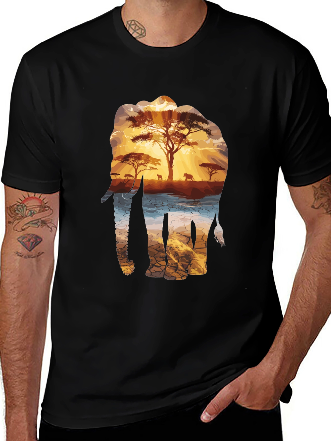 Elephant Sunset Graphic Tee - Nature Inspired Black T-Shirt