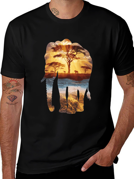 Elephant Sunset Graphic Tee - Nature Inspired Black T-Shirt