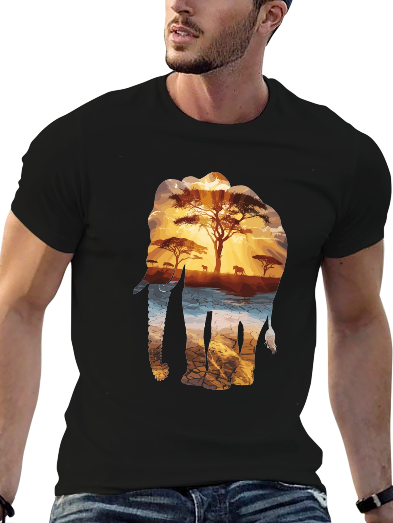 Elephant Sunset Graphic Tee - Nature Inspired Black T-Shirt