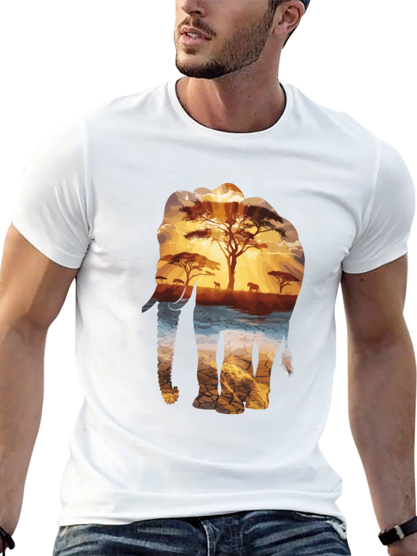 Elephant Sunset Graphic Tee - Nature Inspired Black T-Shirt