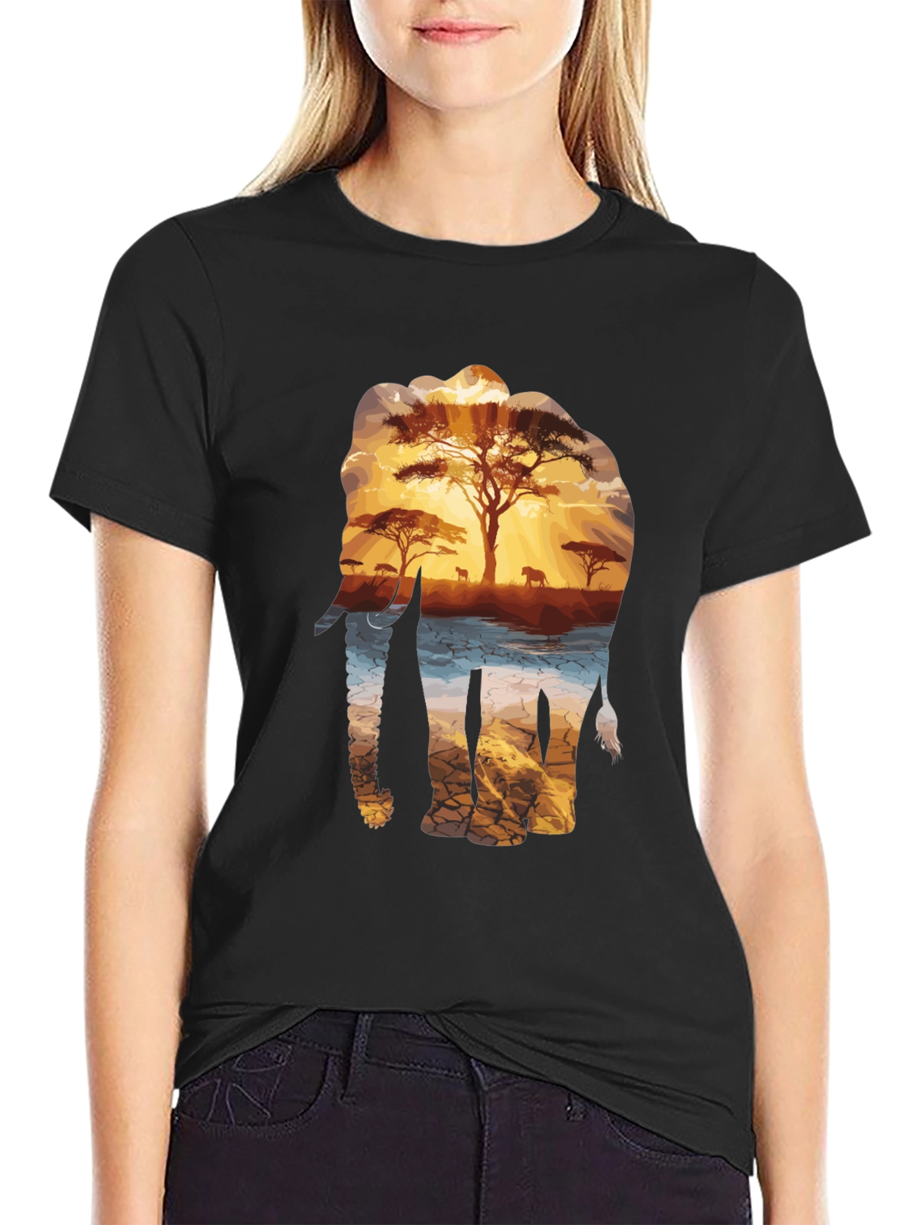 Elephant Sunset Graphic Tee - Nature Inspired Black T-Shirt
