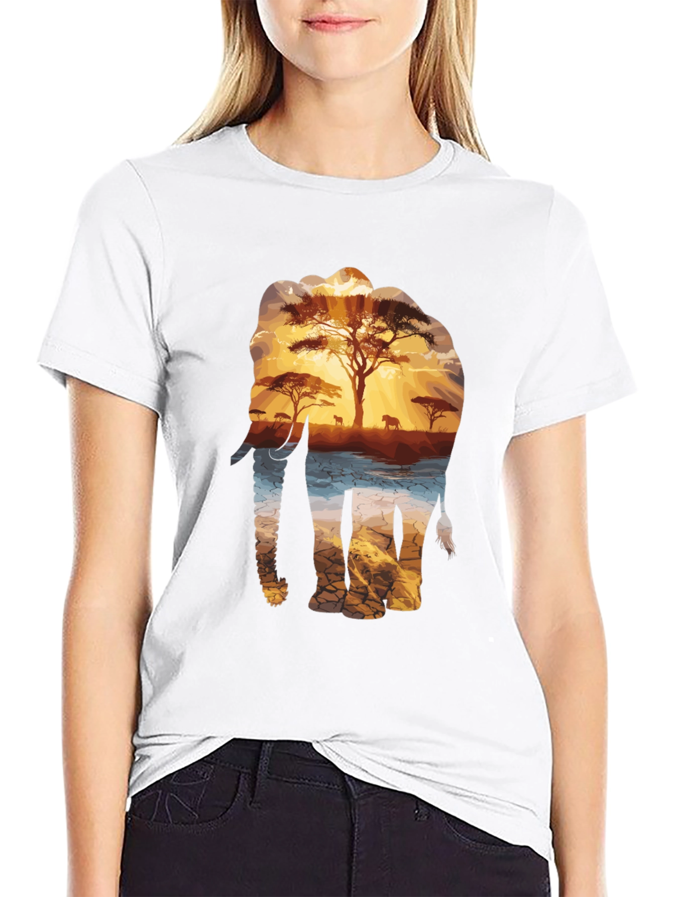 Elephant Sunset Graphic Tee - Nature Inspired Black T-Shirt