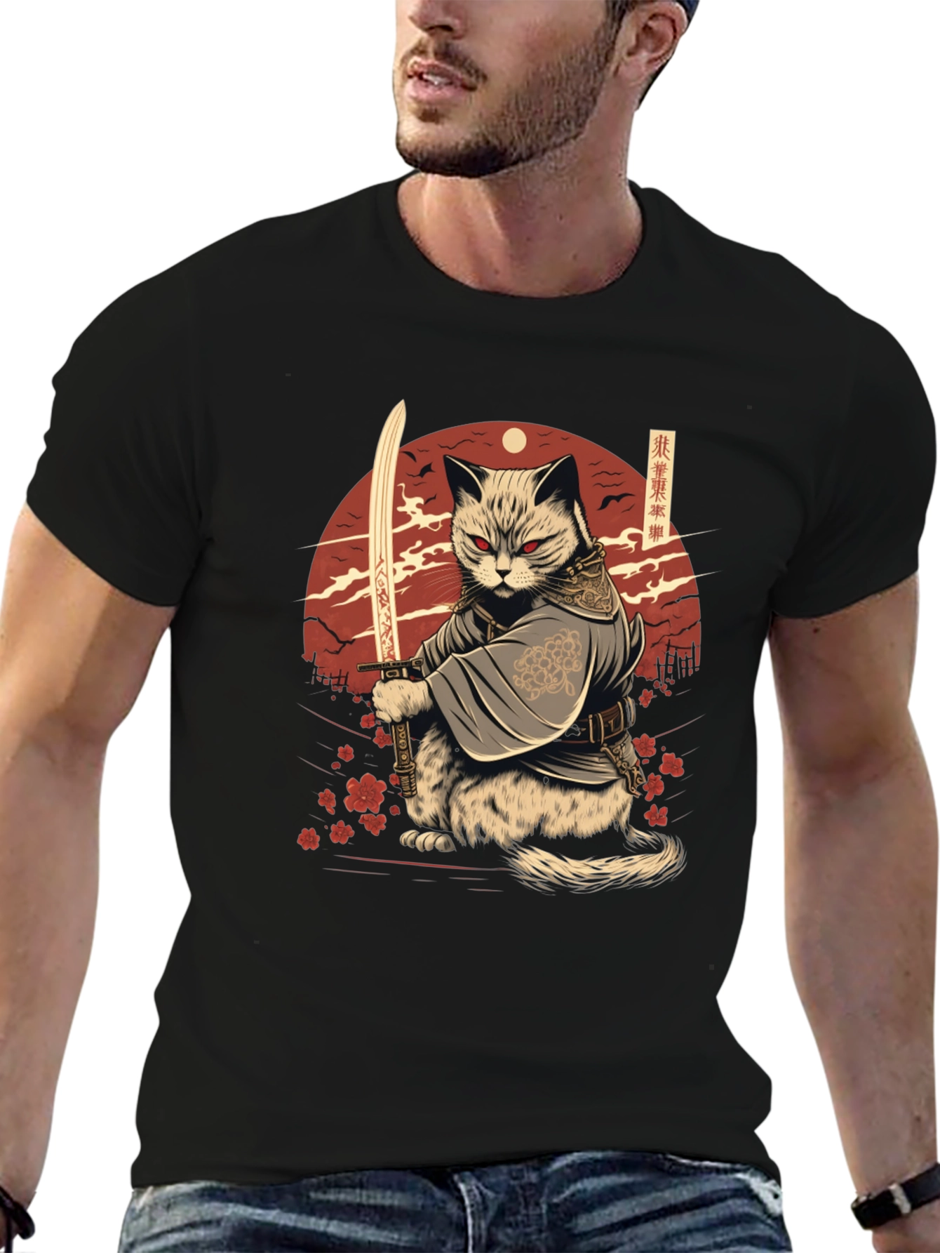 Samurai Cat T-Shirt - Japanese Warrior Kitten Tee