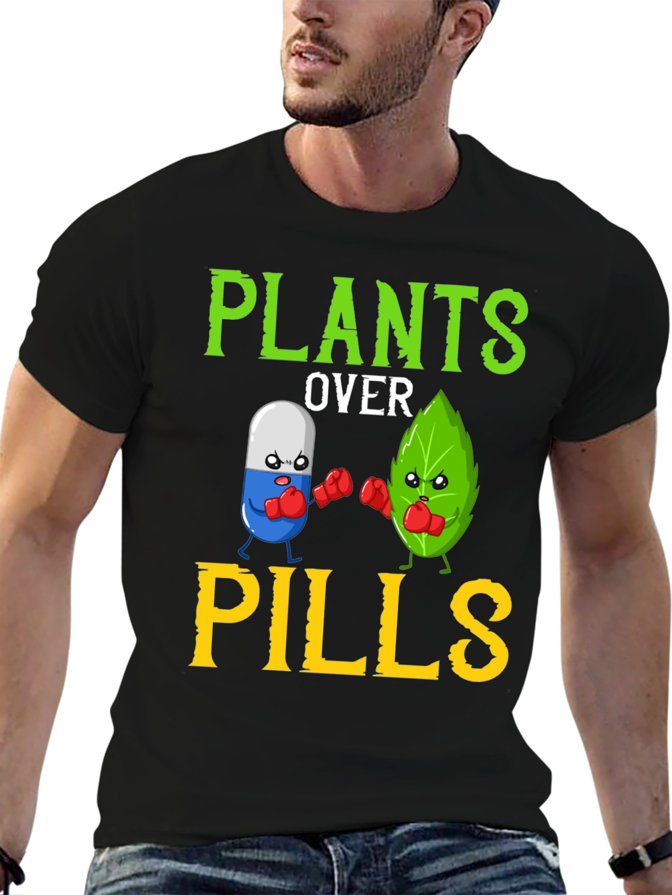 Plants Over Pills Funny Vegan T-Shirt