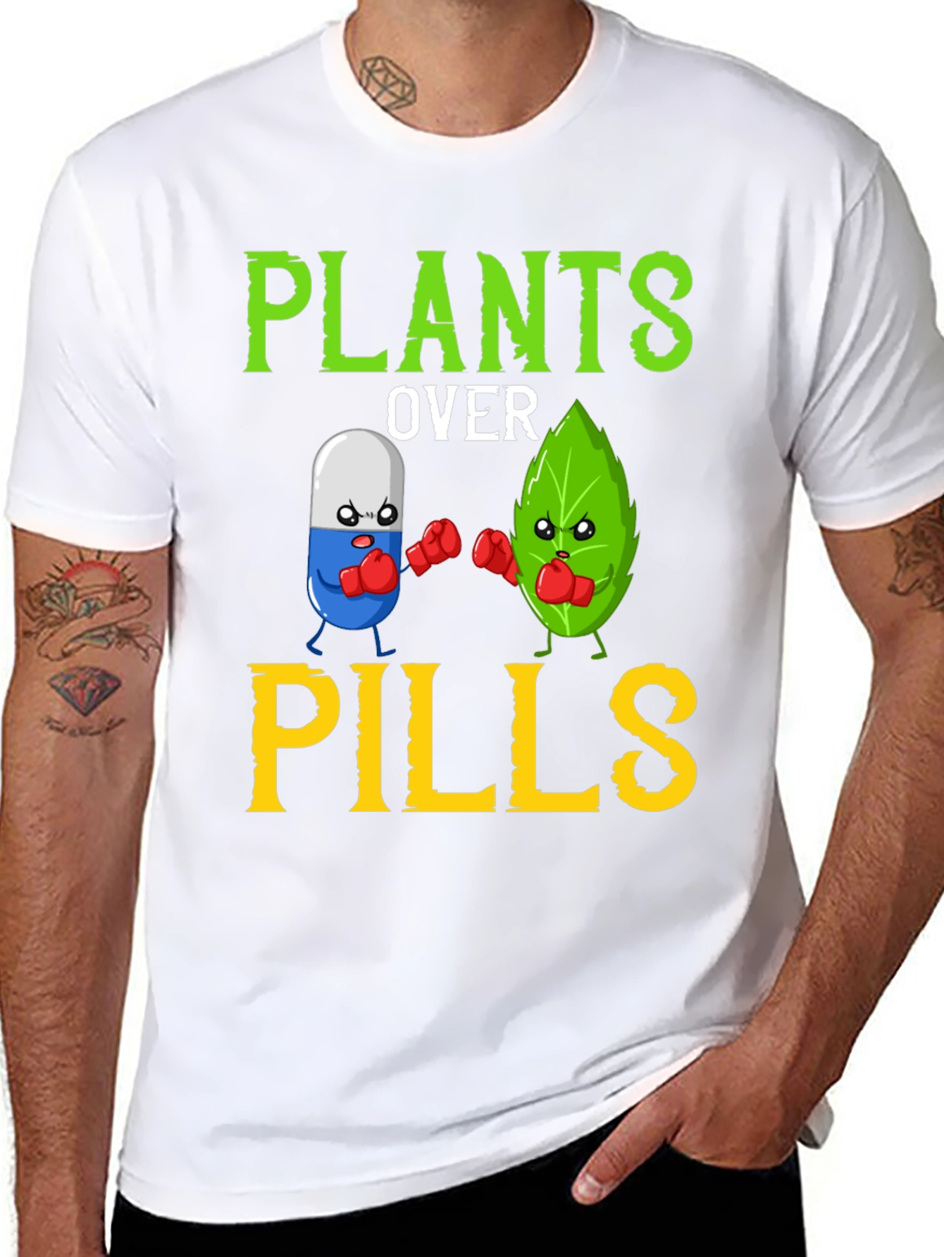 Plants Over Pills Funny Vegan T-Shirt