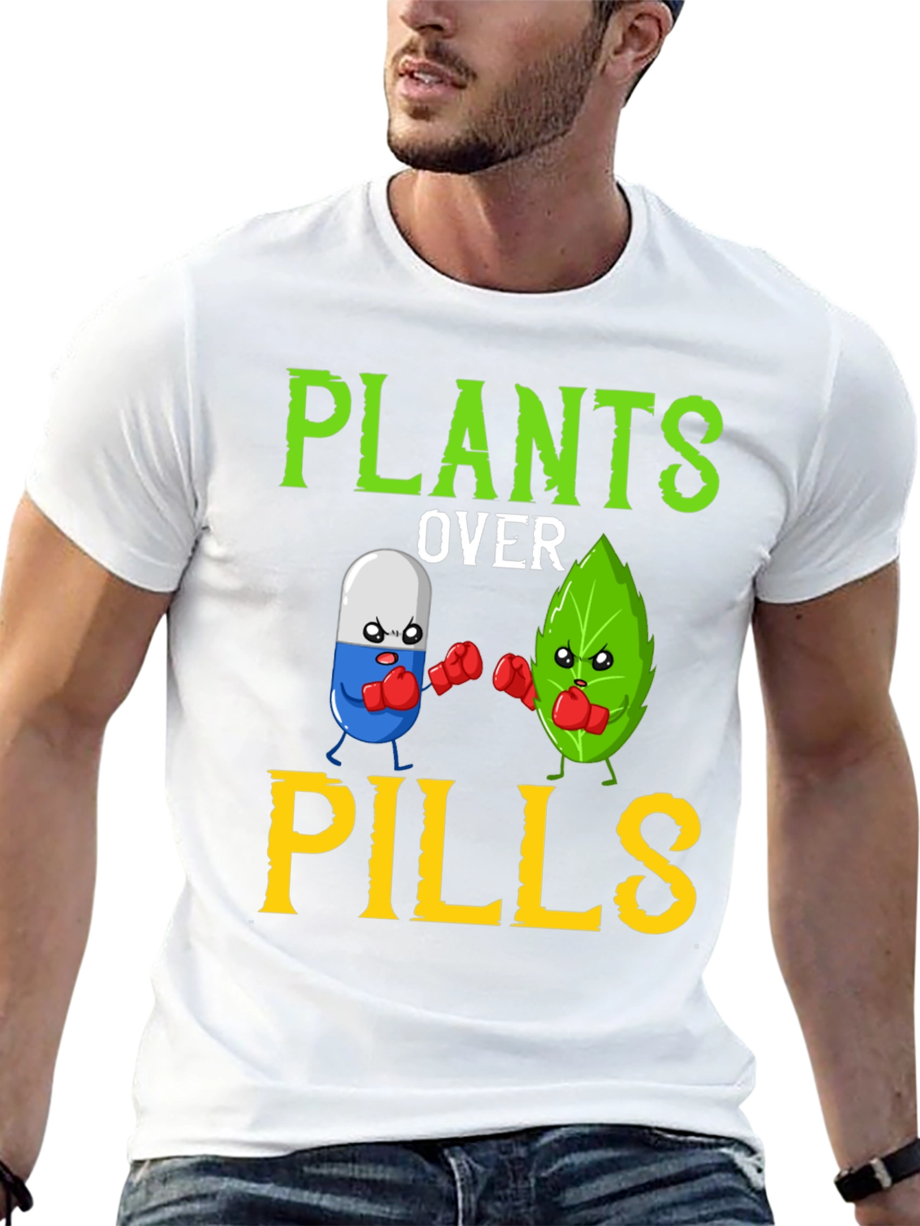 Plants Over Pills Funny Vegan T-Shirt