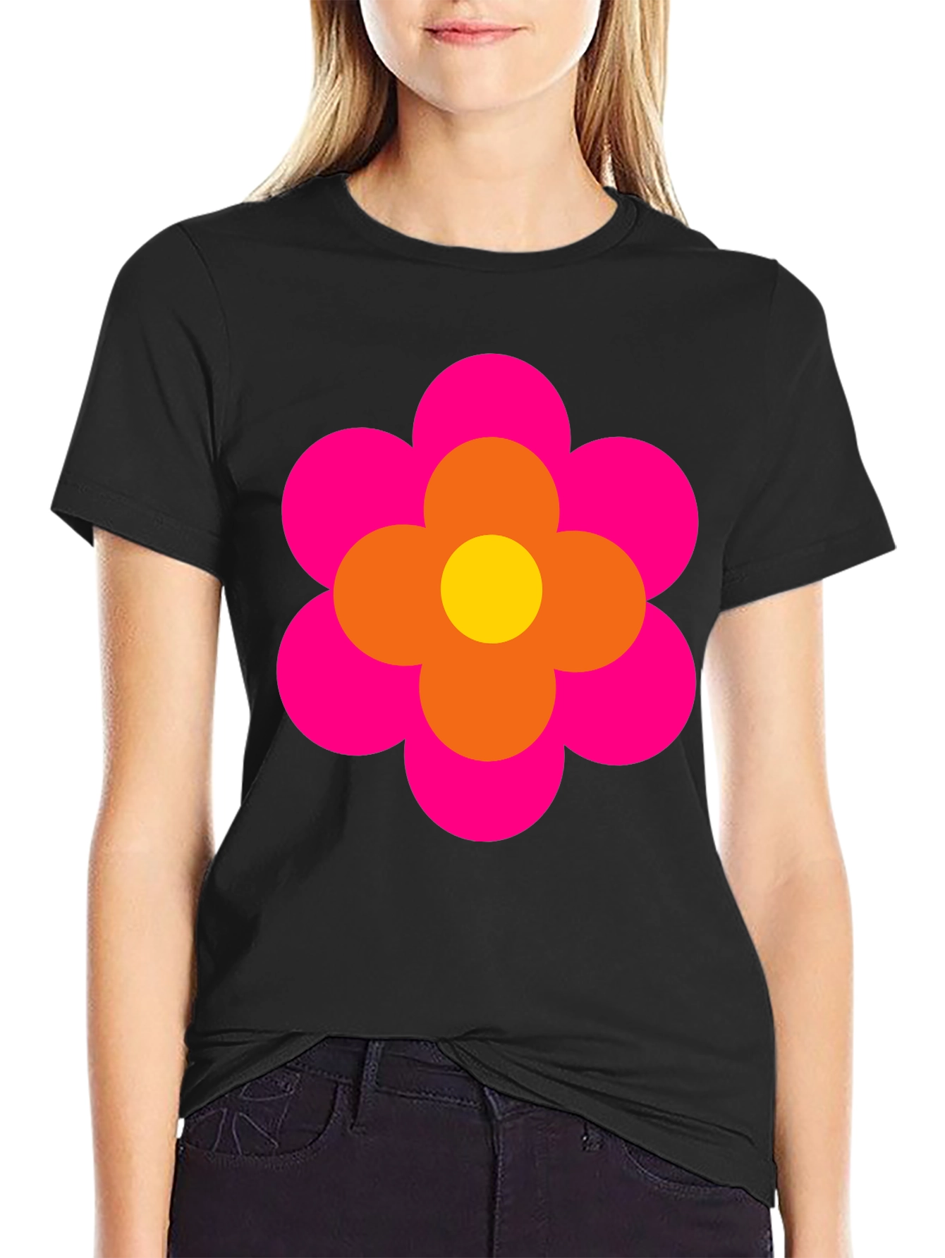 Retro Flower Power Graphic Tee - Black