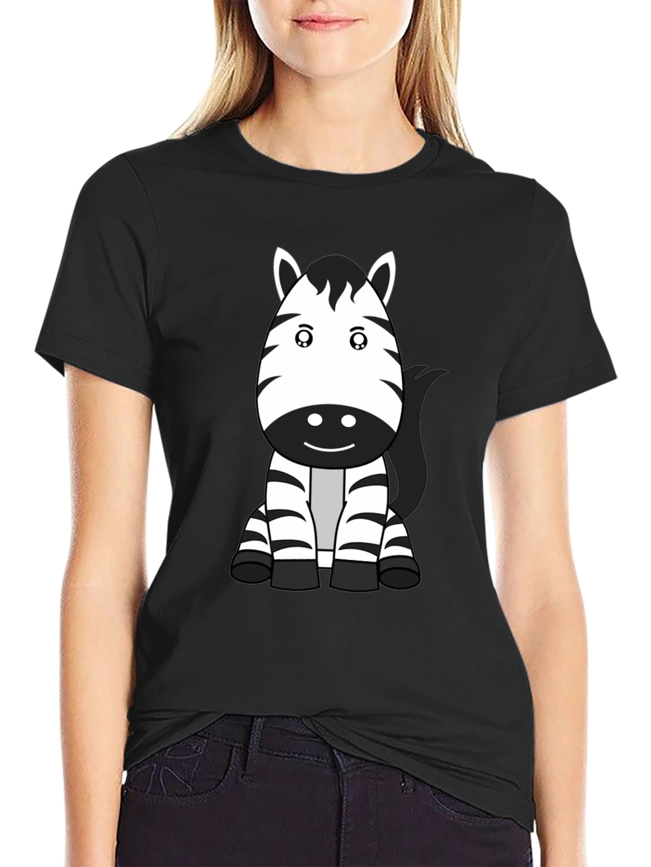 Cute Zebra Cartoon Black T-Shirt