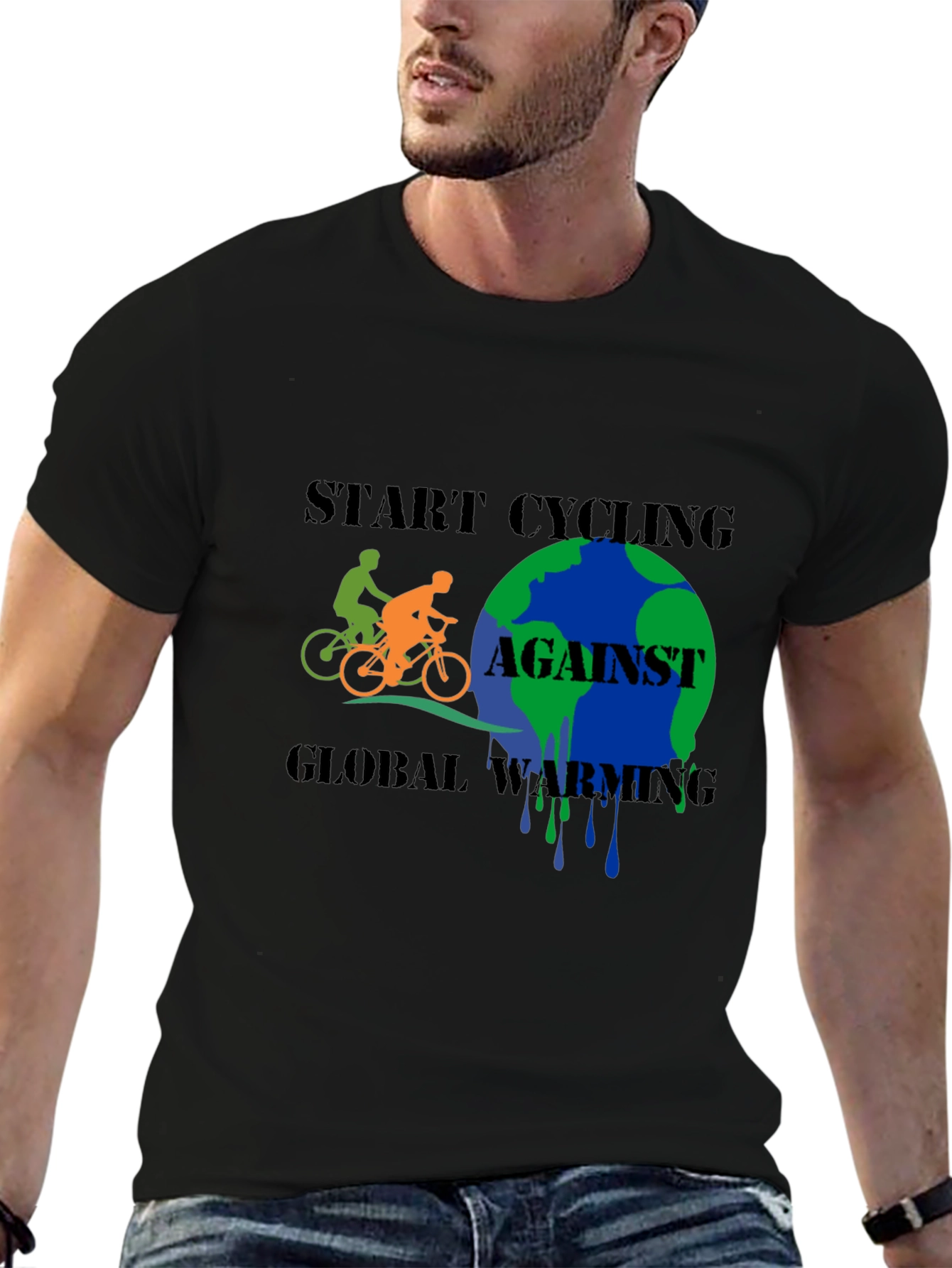 Start Cycling Against Global Warming Black T-Shirt
