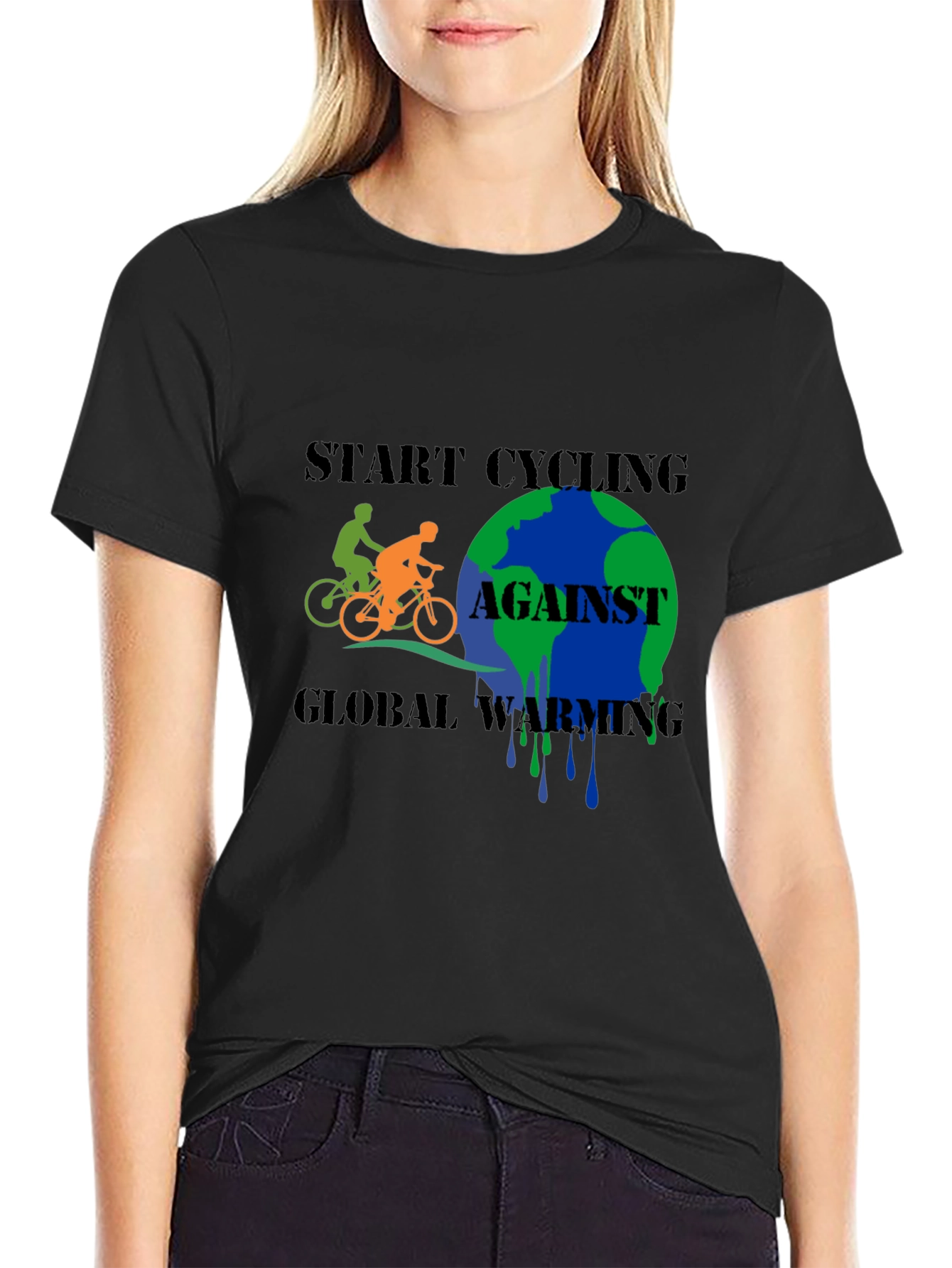 Start Cycling Against Global Warming Black T-Shirt