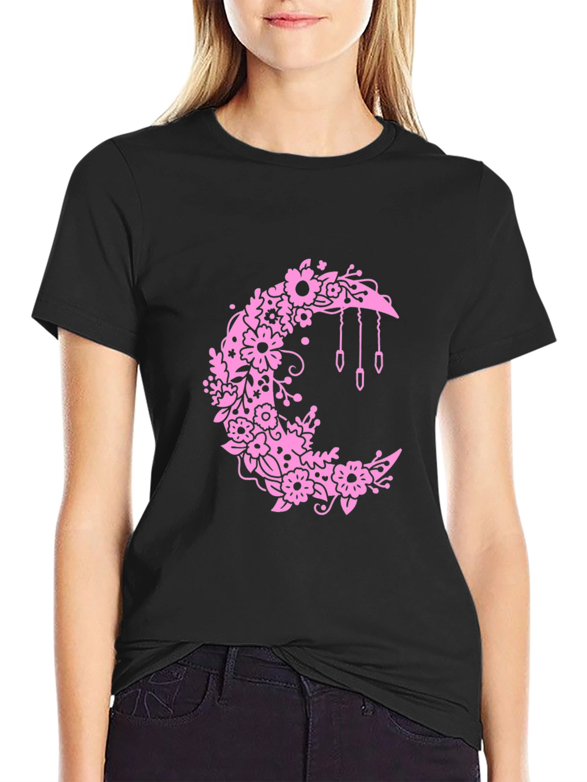 Floral Moon Graphic Black T-Shirt