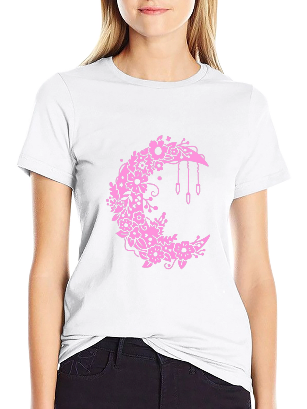 Floral Moon Graphic Black T-Shirt