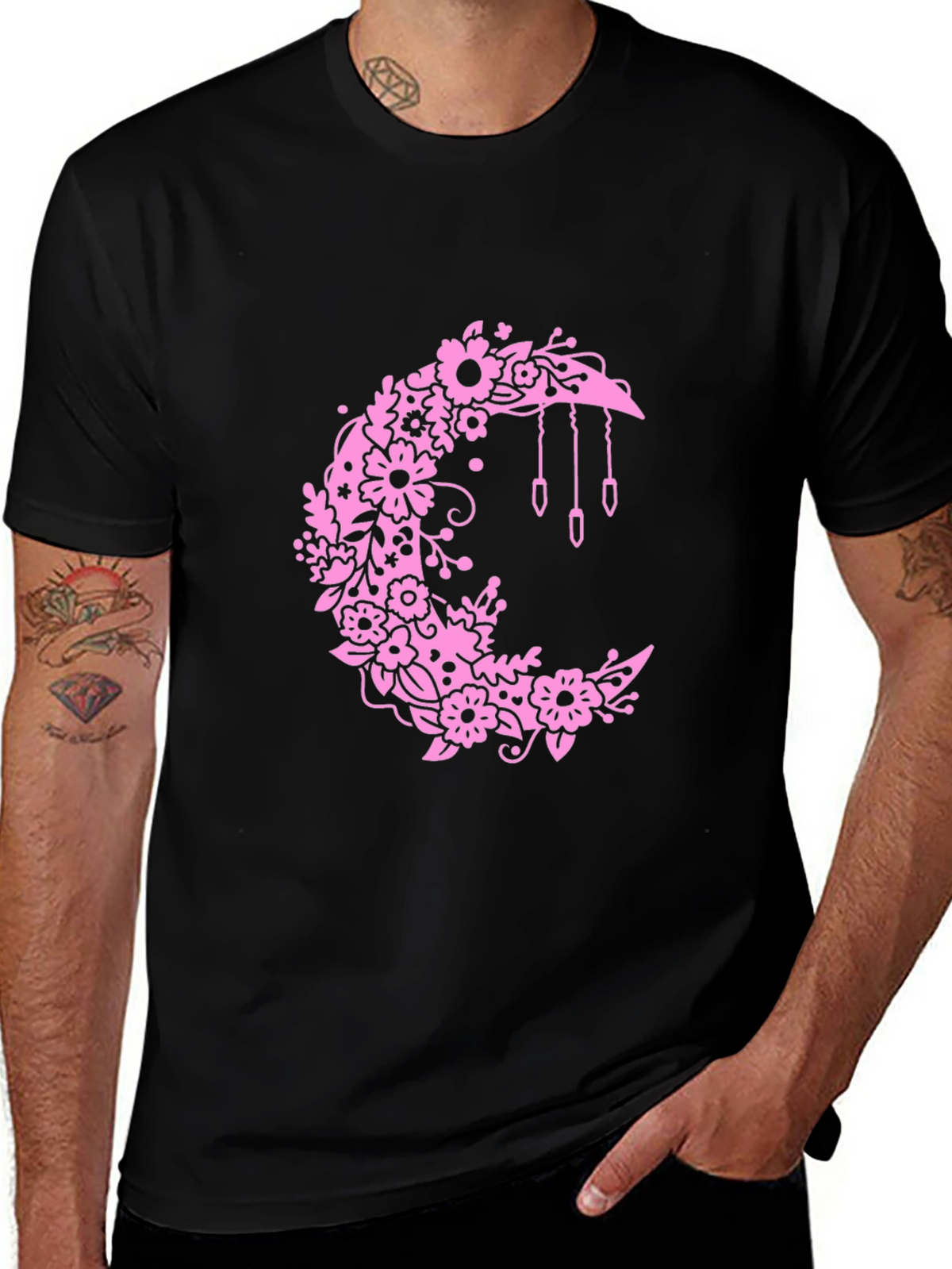 Floral Moon Graphic Black T-Shirt