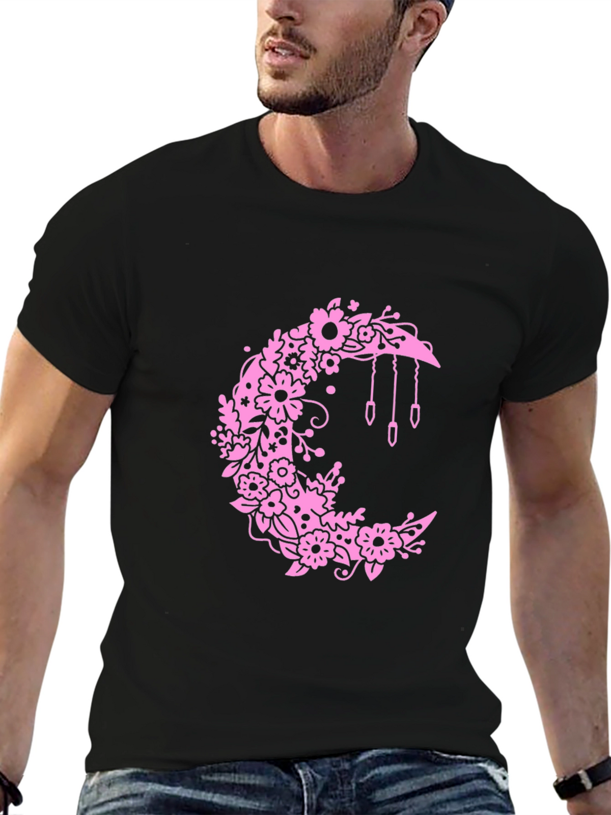 Floral Moon Graphic Black T-Shirt