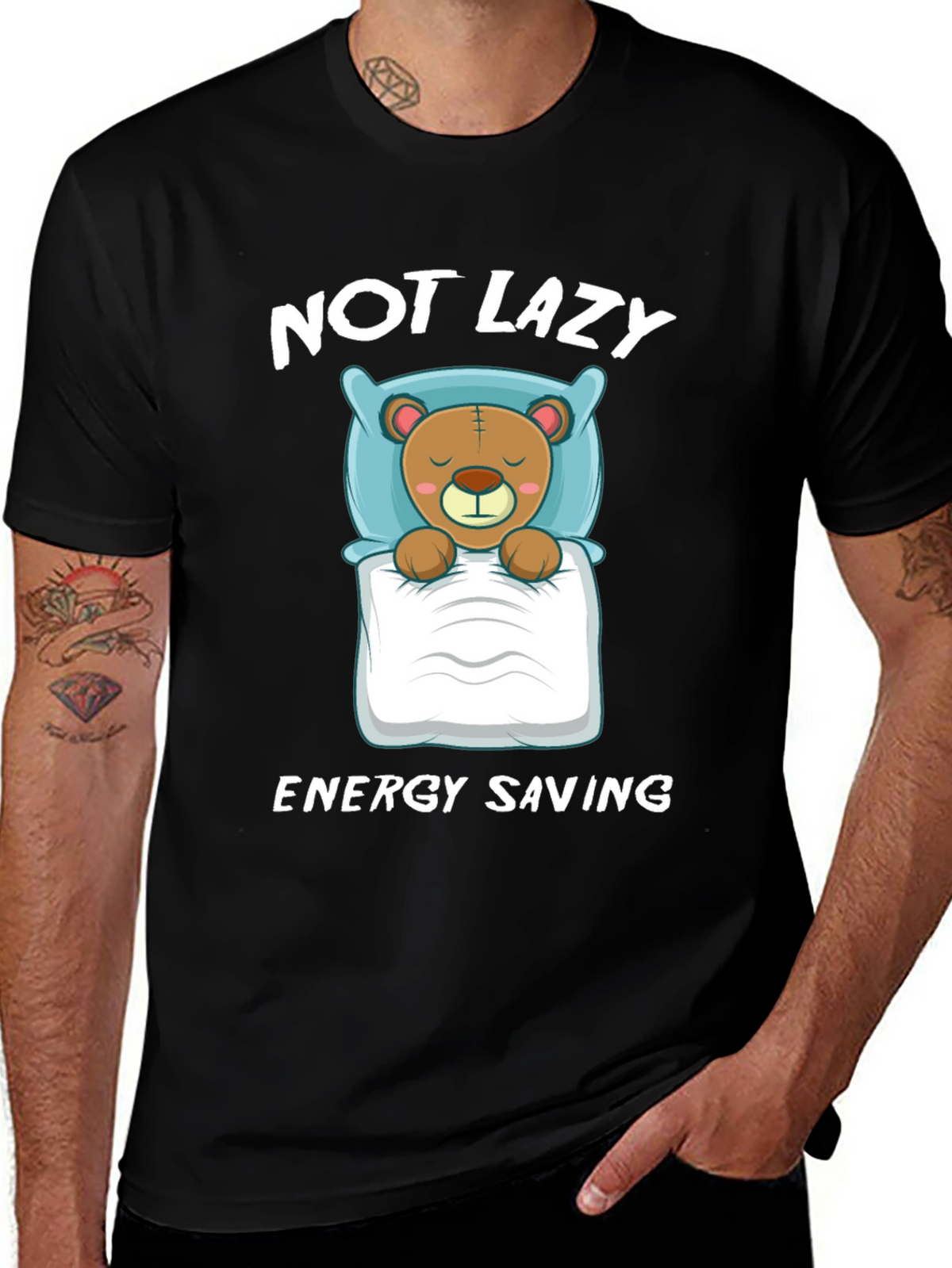 Not Lazy Energy Saving Bear Graphic T-Shirt