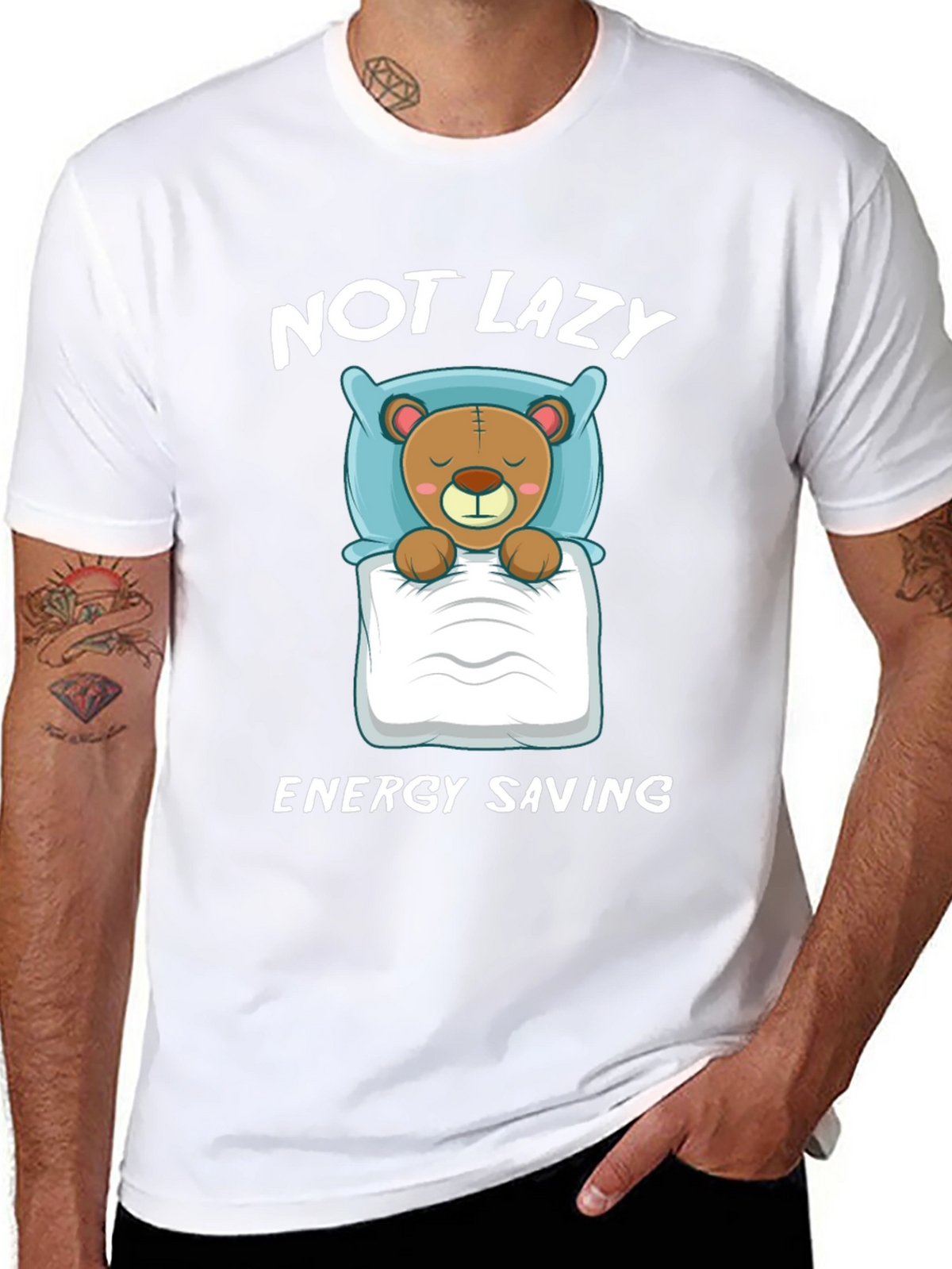 Not Lazy Energy Saving Bear Graphic T-Shirt