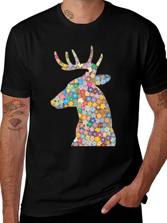 Floral Deer Graphic Tee - Stylish Mens Black T-Shirt