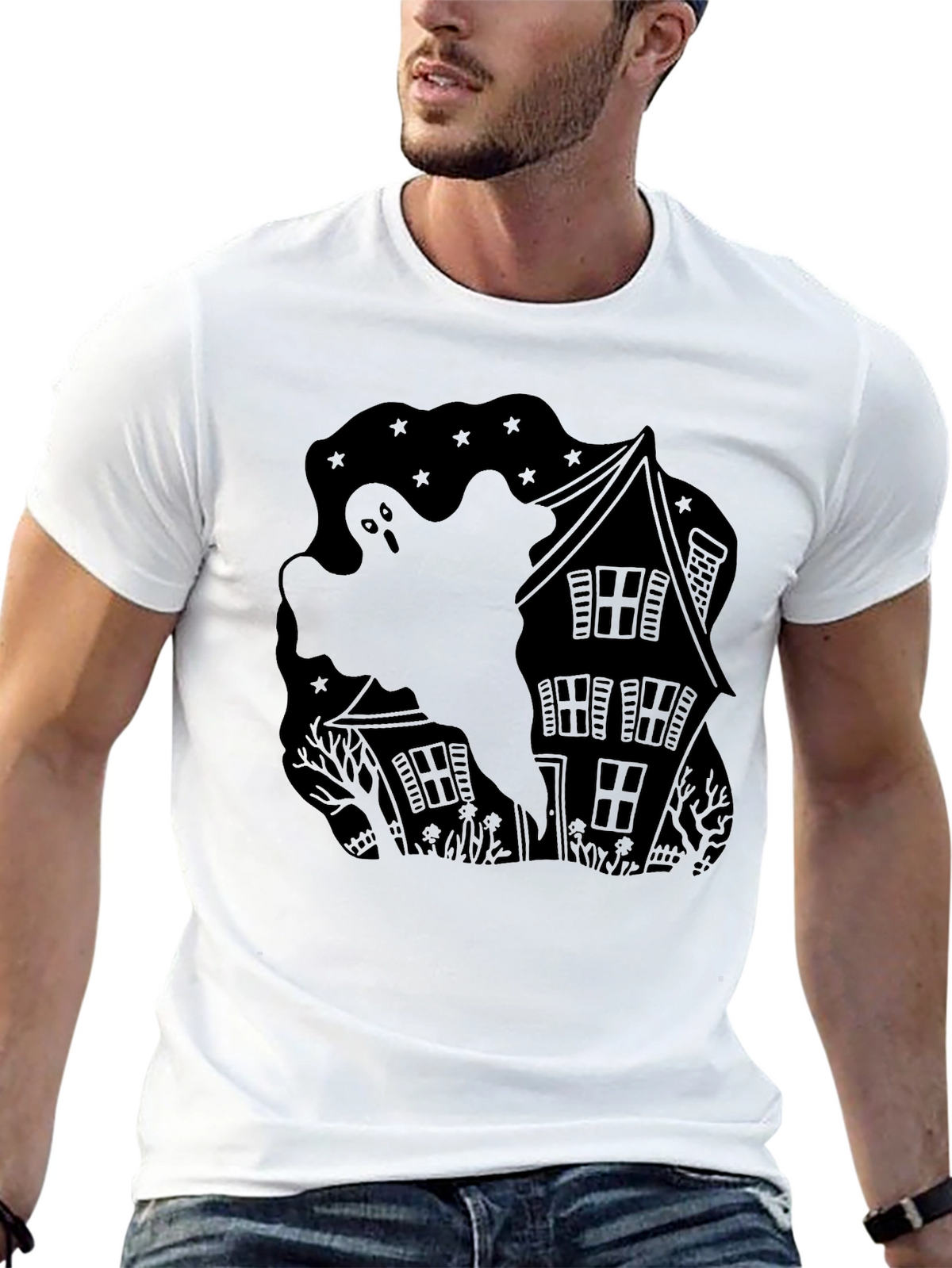 Ghostly Haunted House Black T-Shirt