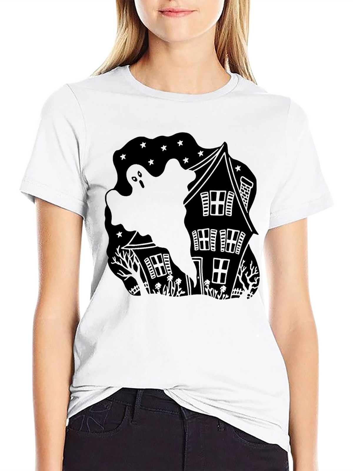 Ghostly Haunted House Black T-Shirt