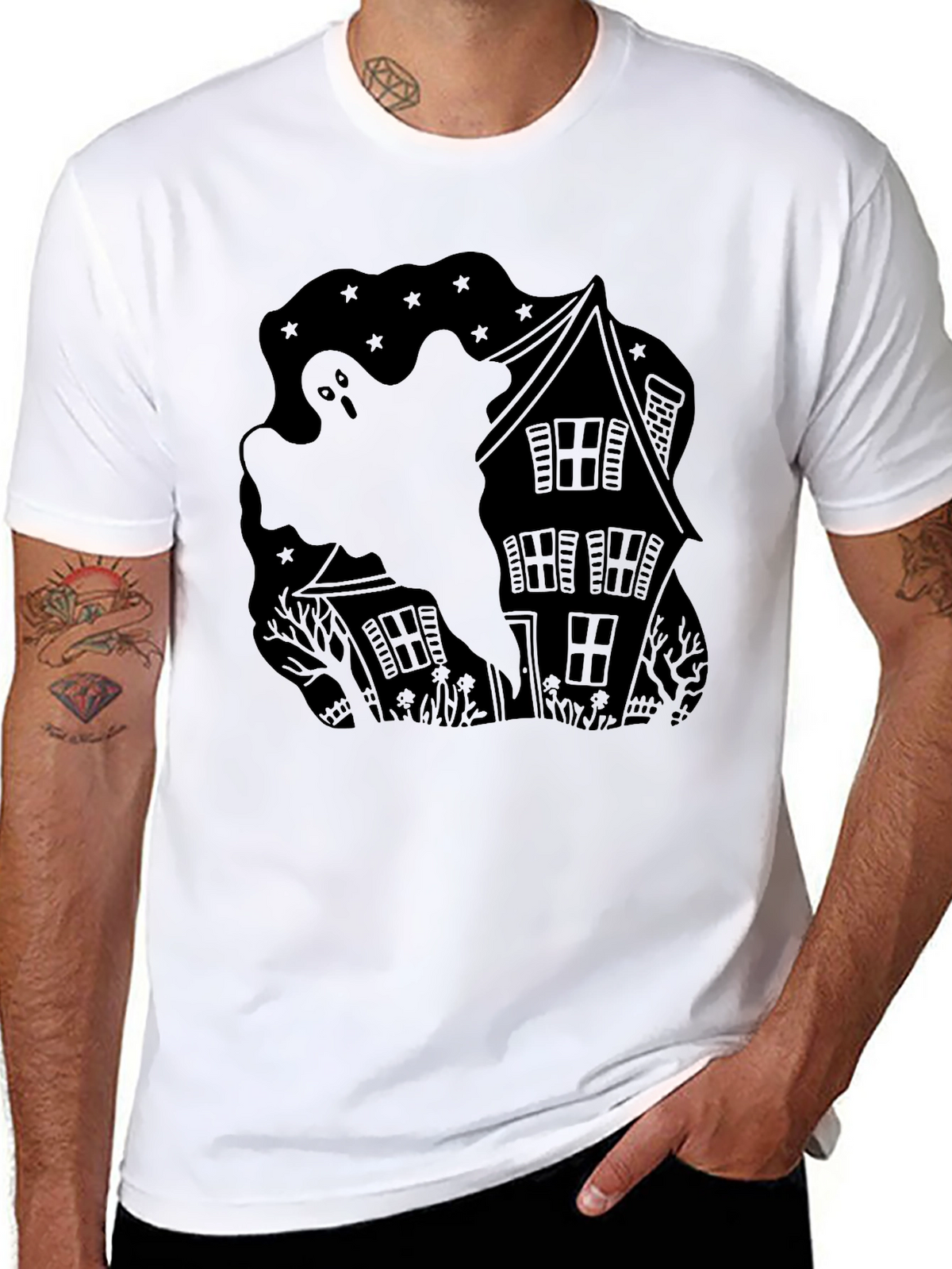 Ghostly Haunted House Black T-Shirt
