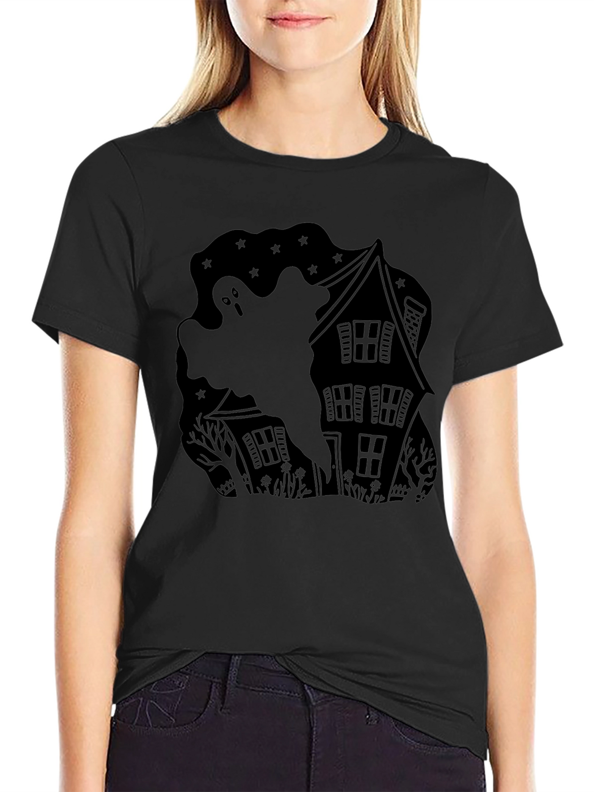 Ghostly Haunted House Black T-Shirt