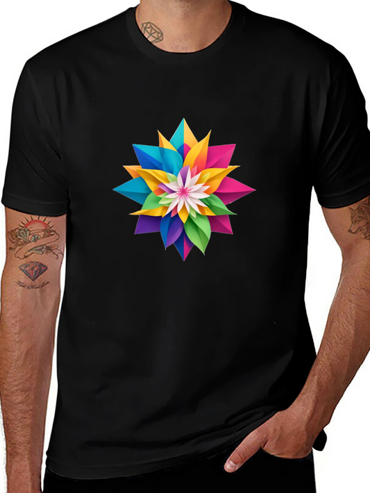Colorful Geometric Flower Graphic Black T-Shirt