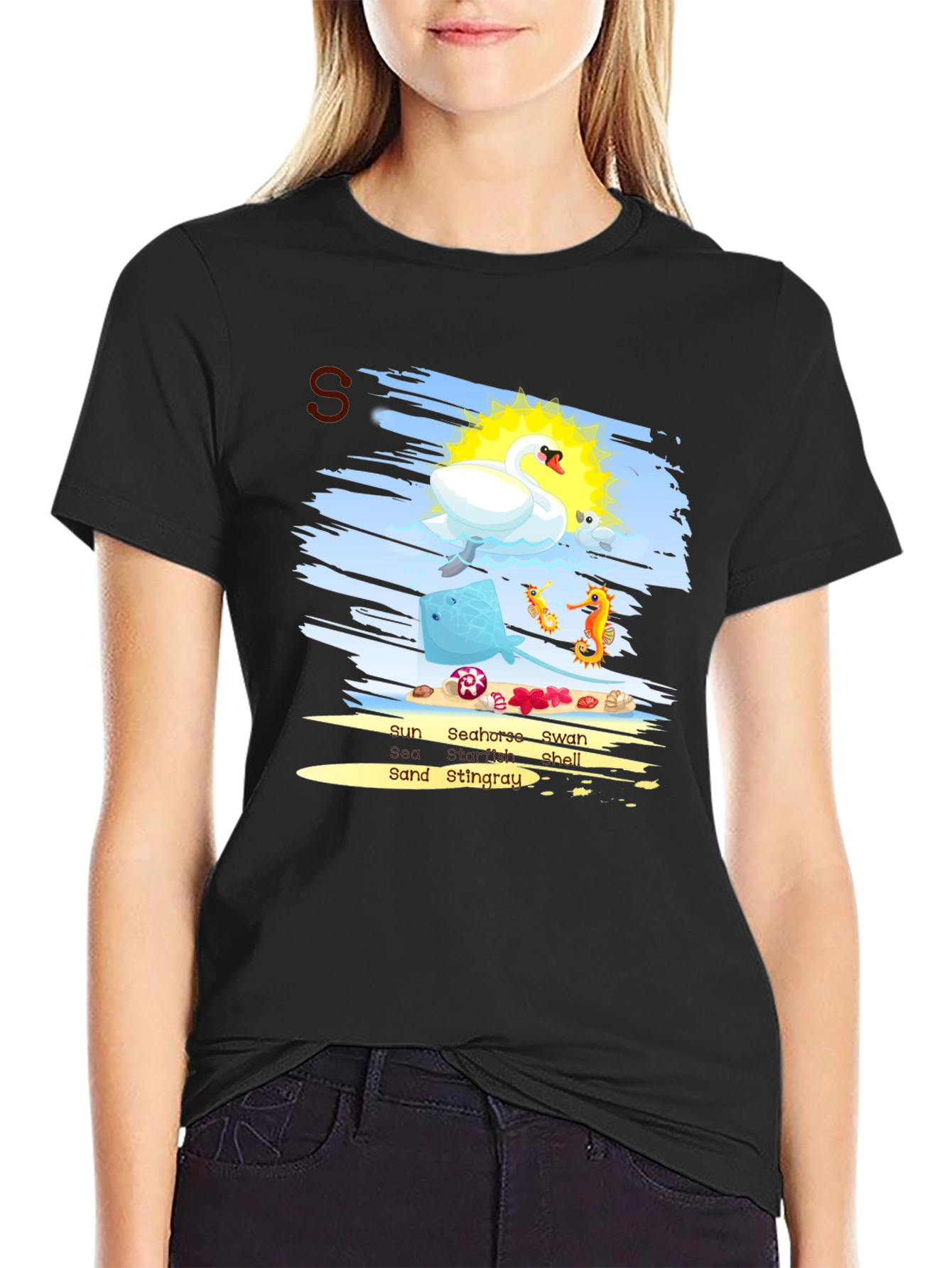 Sea Animal T-Shirt Swan Seahorse Ray Sun