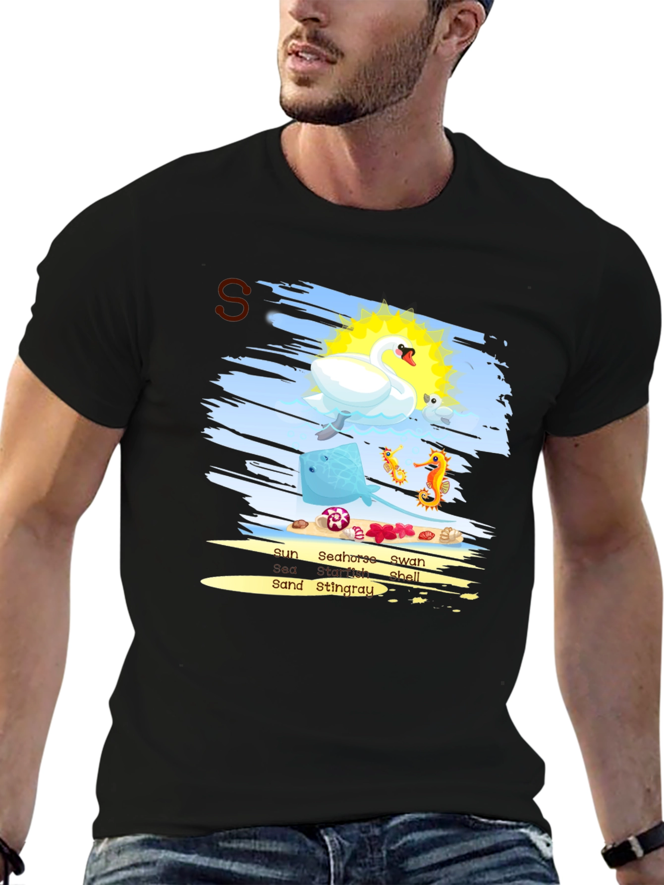 Sea Animal T-Shirt Swan Seahorse Ray Sun