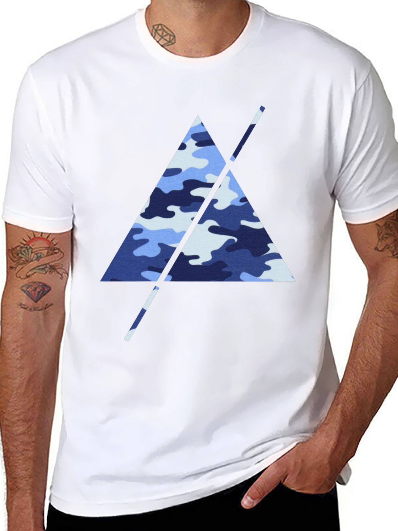 Blue Camo Triangle Mens Black T-Shirt