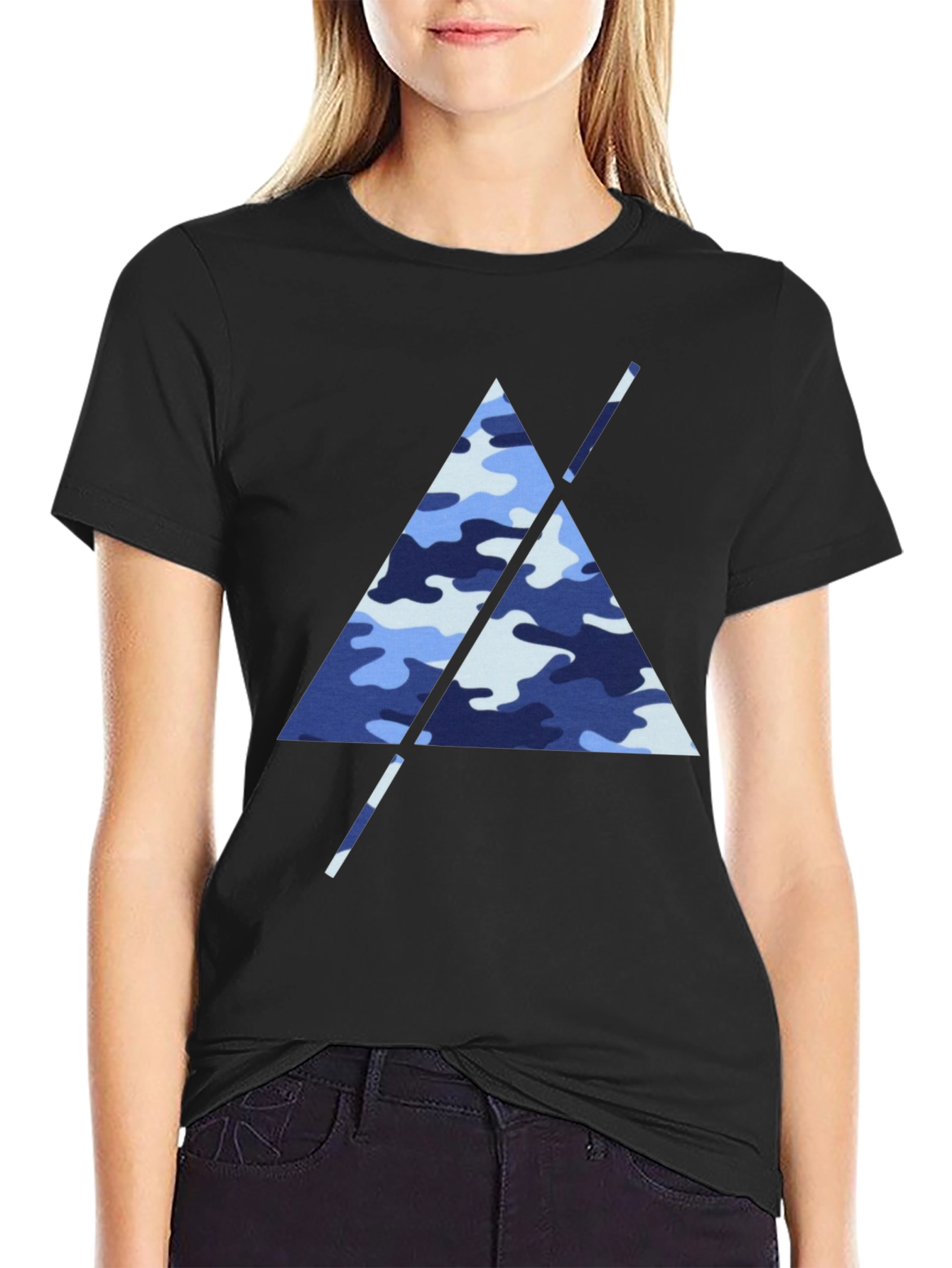 Blue Camo Triangle Mens Black T-Shirt