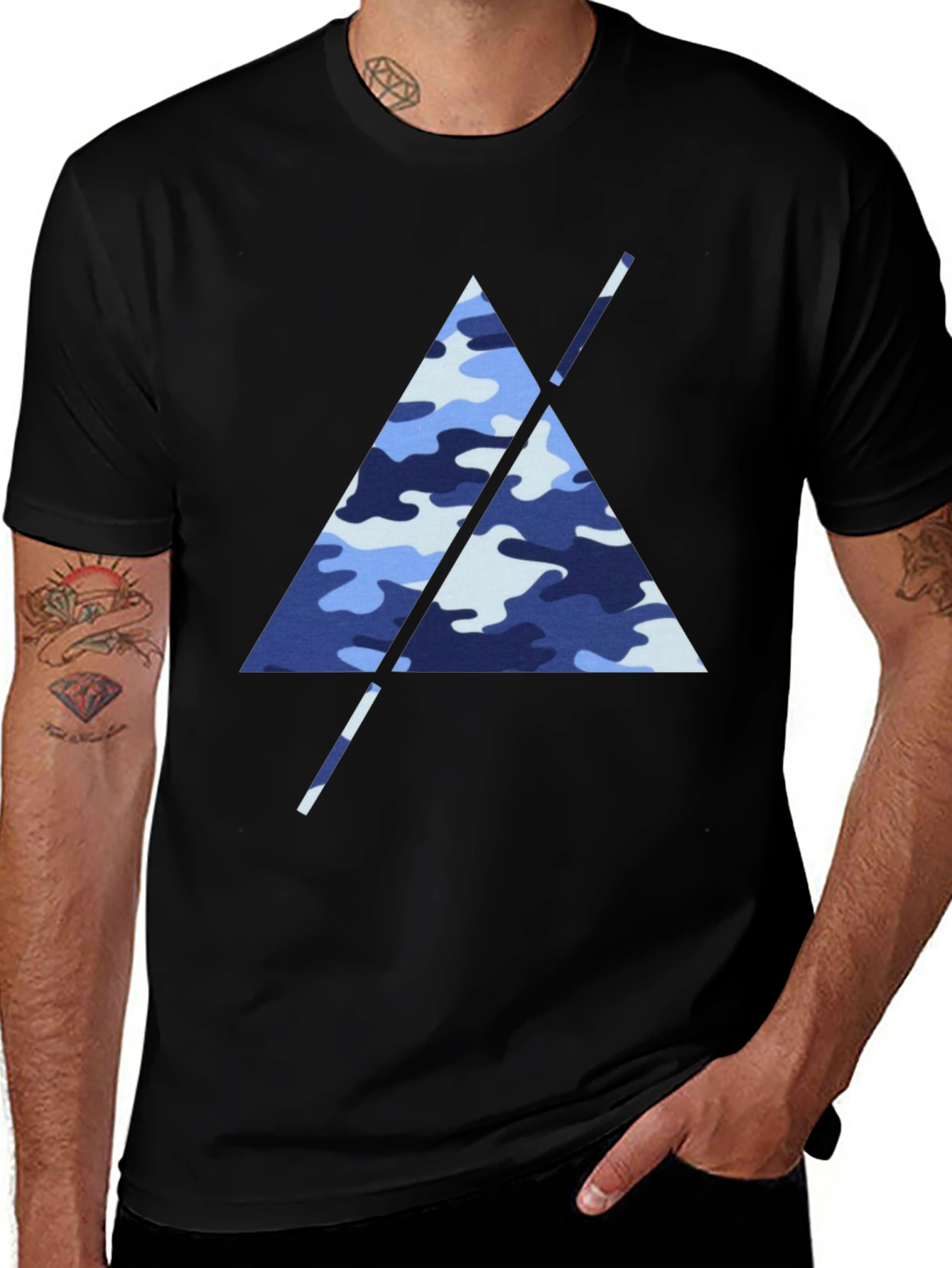 Blue Camo Triangle Mens Black T-Shirt