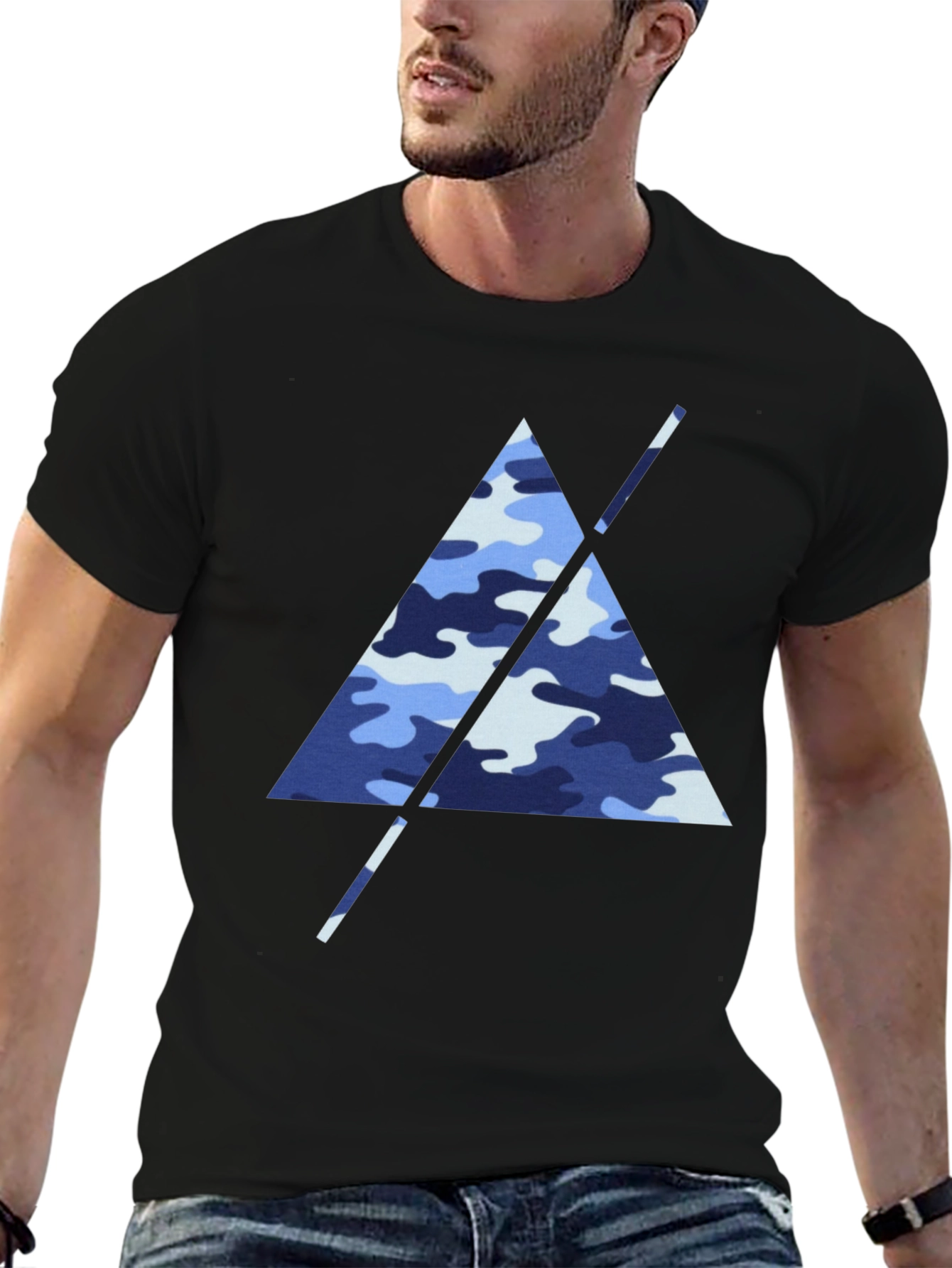 Blue Camo Triangle Mens Black T-Shirt