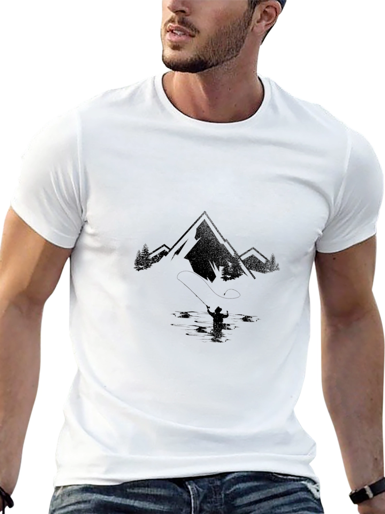 Mountain Fishing Graphic Tee - Black Cotton T-Shirt