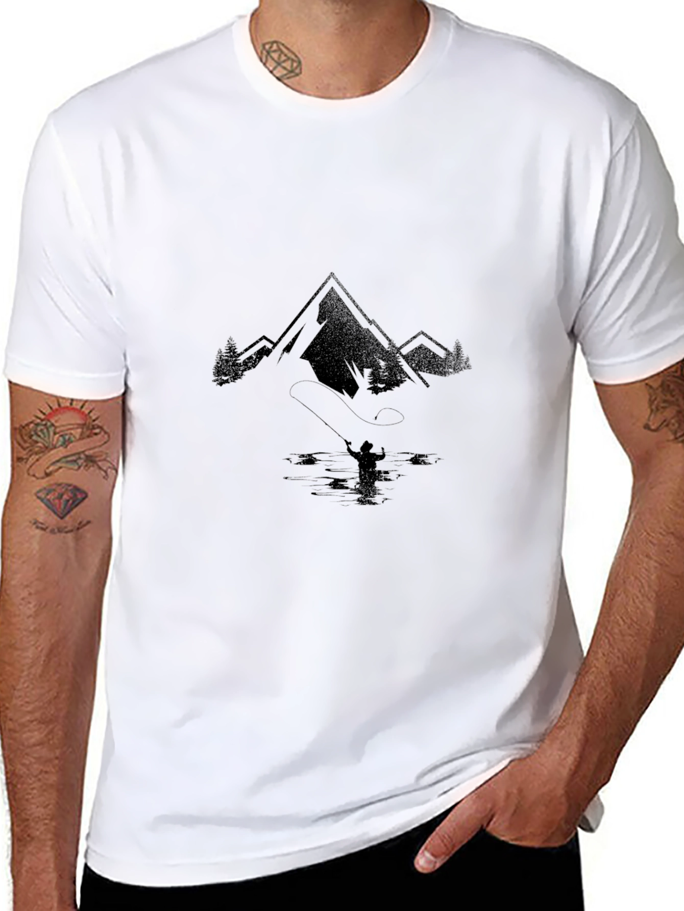 Mountain Fishing Graphic Tee - Black Cotton T-Shirt