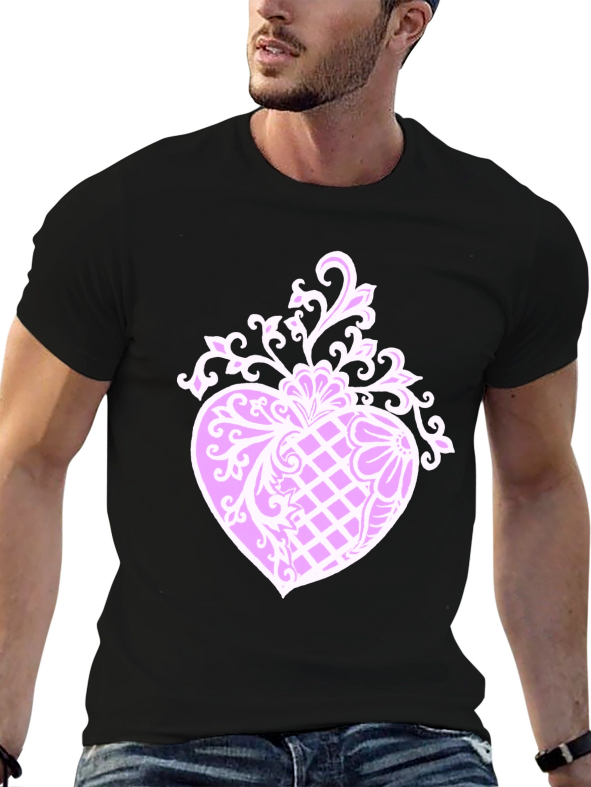 Mens Black T-Shirt with Heart Design