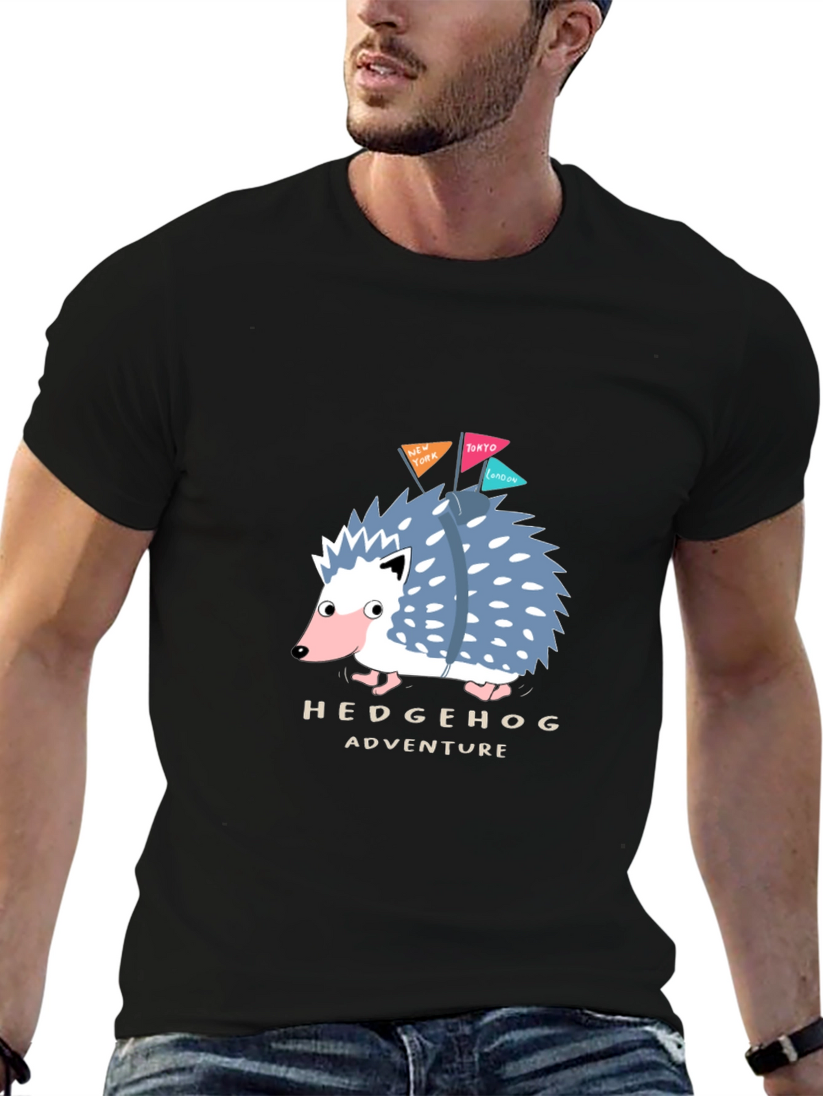 Hedgehog Adventure Black T-Shirt - Travel Hedgehog