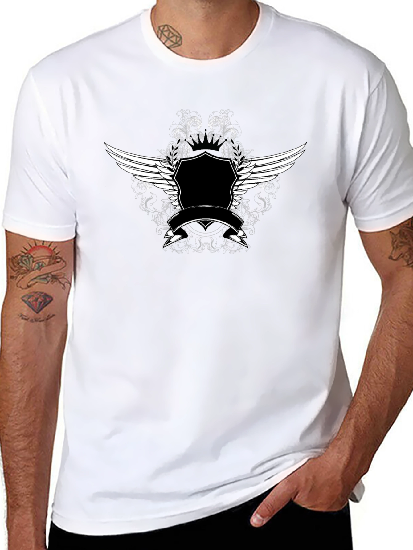 Black T-Shirt with Winged Crest Graphic