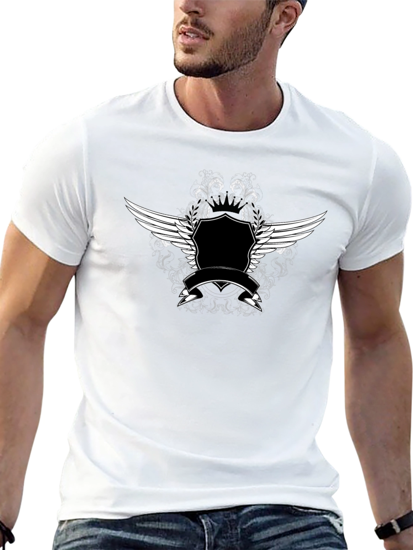 Black T-Shirt with Winged Crest Graphic