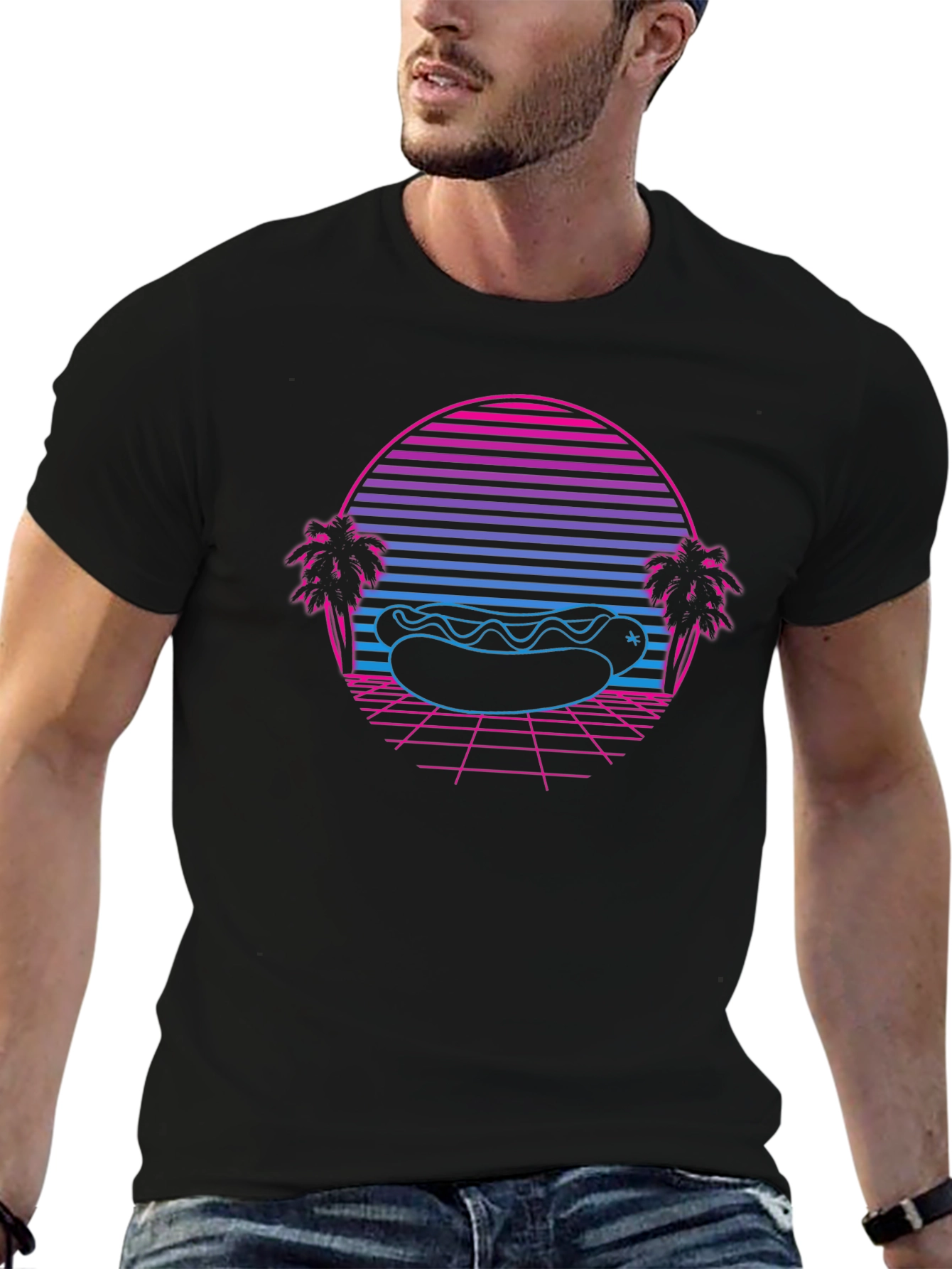 Retro Hotdog T-Shirt - Synthwave Beach Vibes