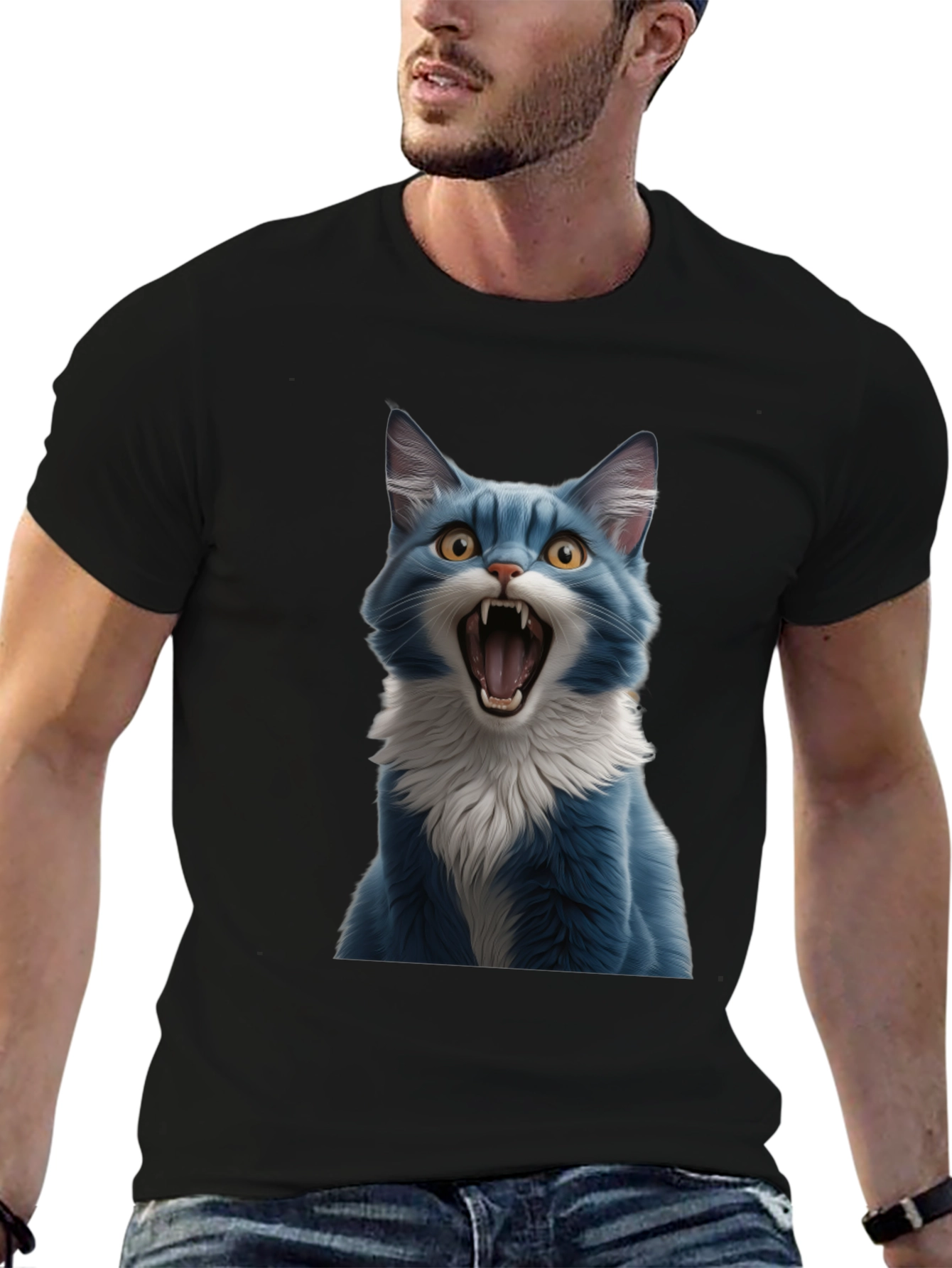 Blue Cat Snarl Graphic Tee - Bold & Unique