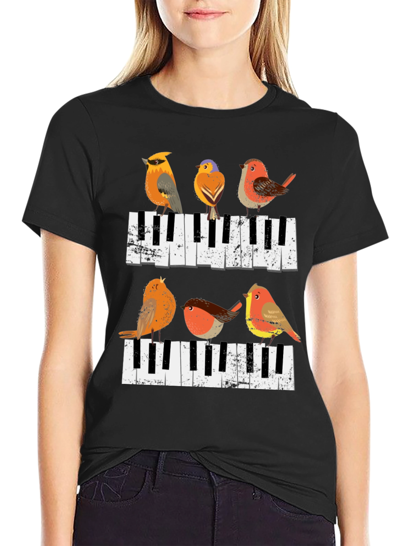 Birds on Piano Keys Graphic Tee
