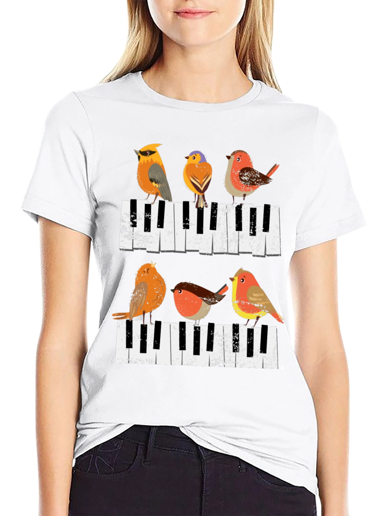 Birds on Piano Keys Graphic Tee