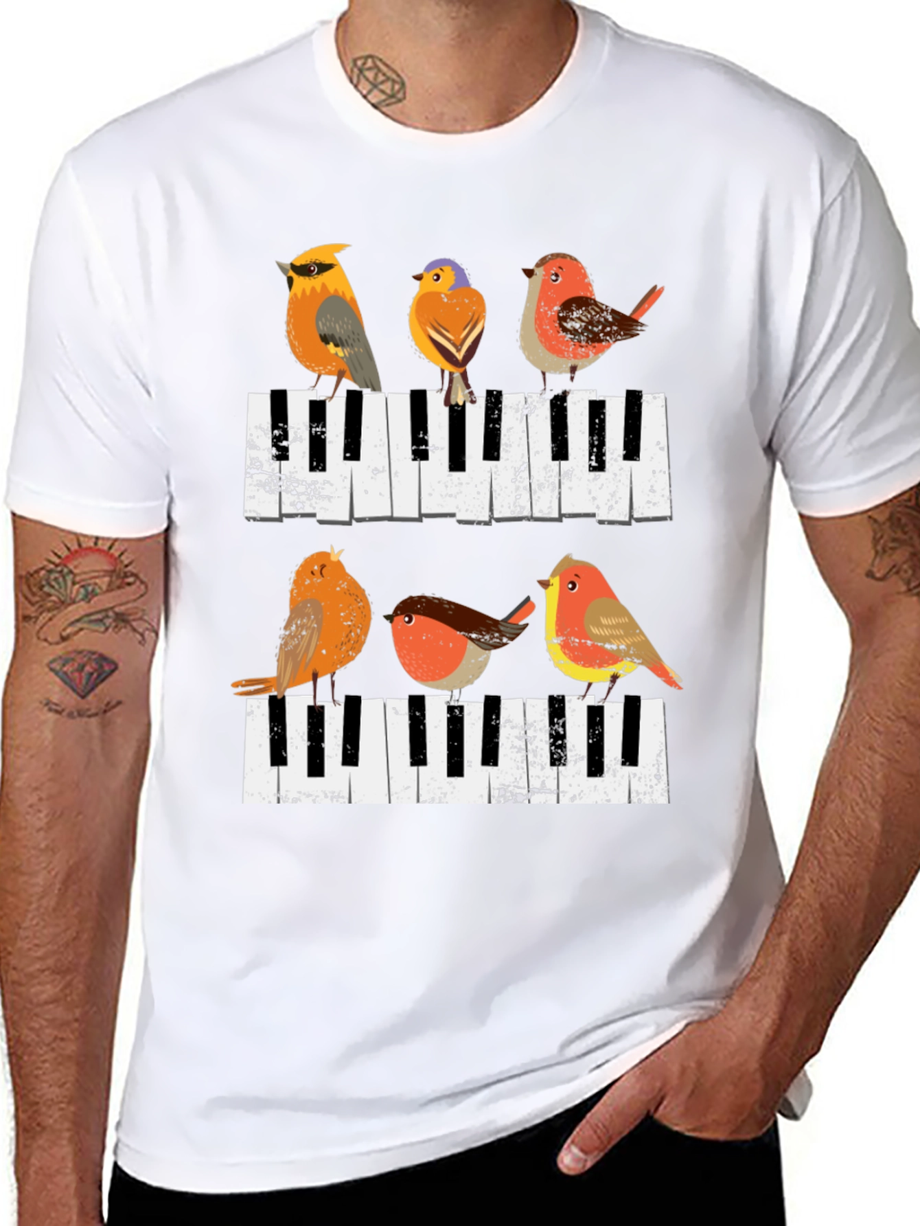Birds on Piano Keys Graphic Tee