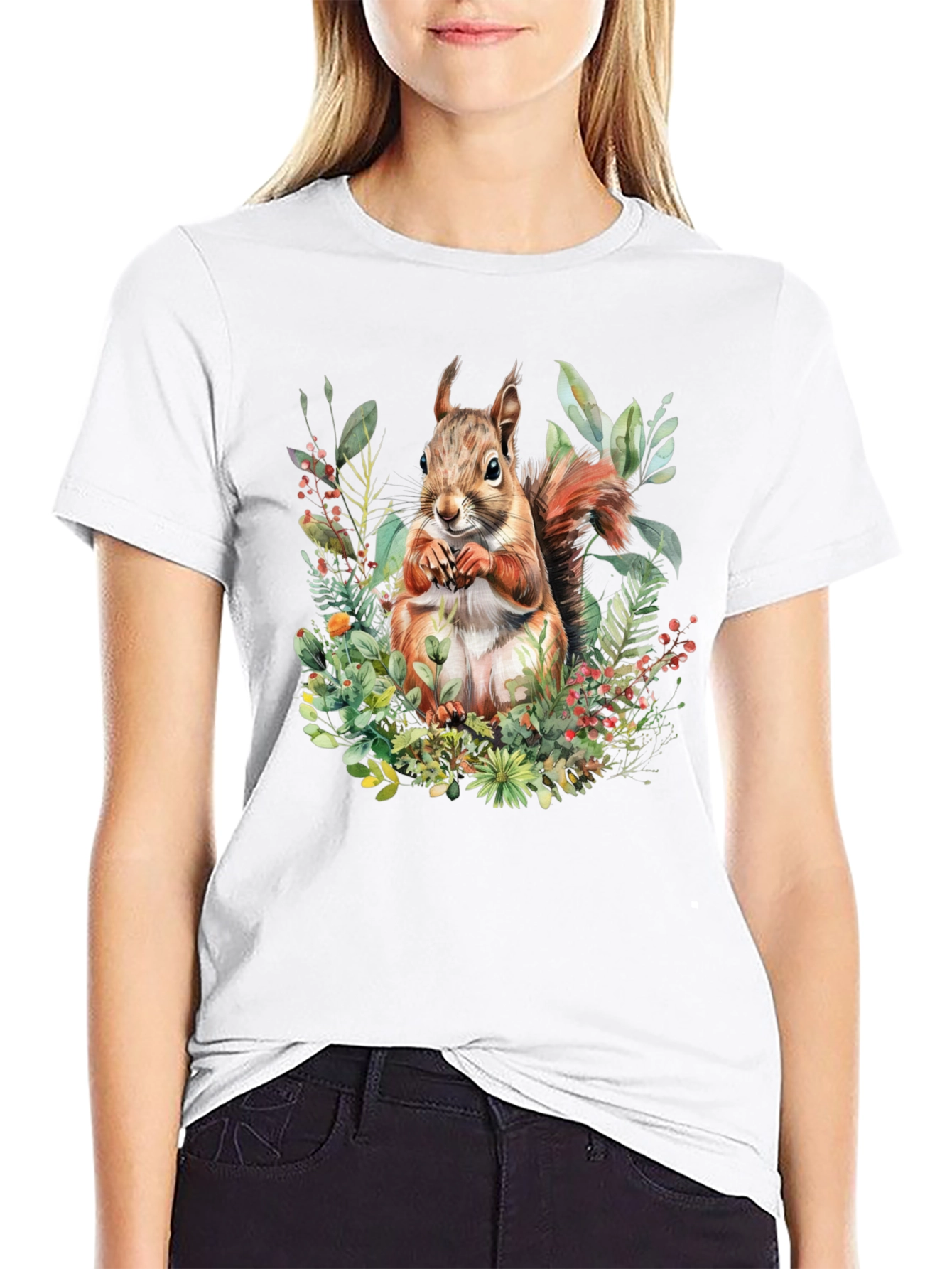 Squirrel Floral Print T-Shirt
