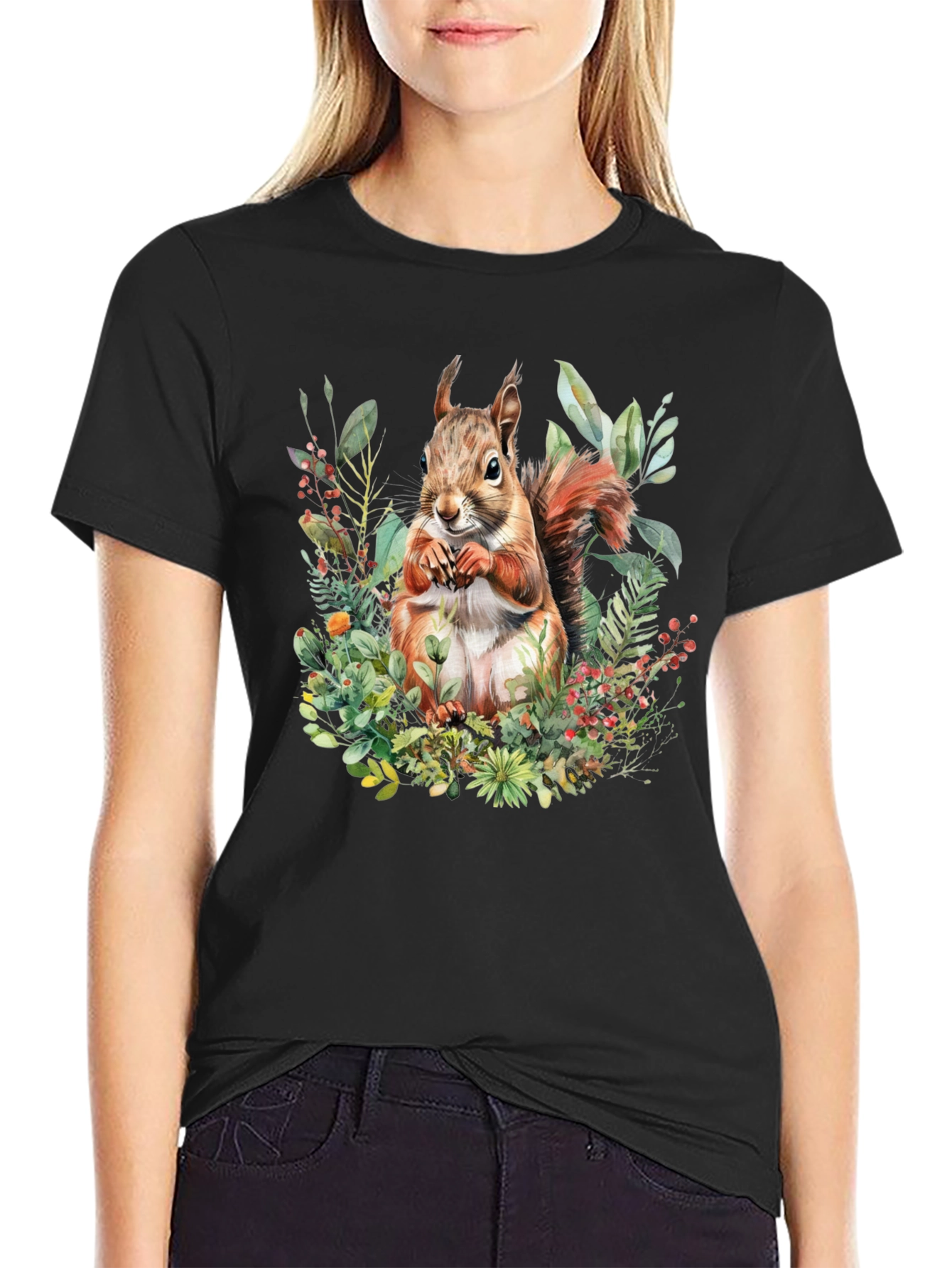 Squirrel Floral Print T-Shirt