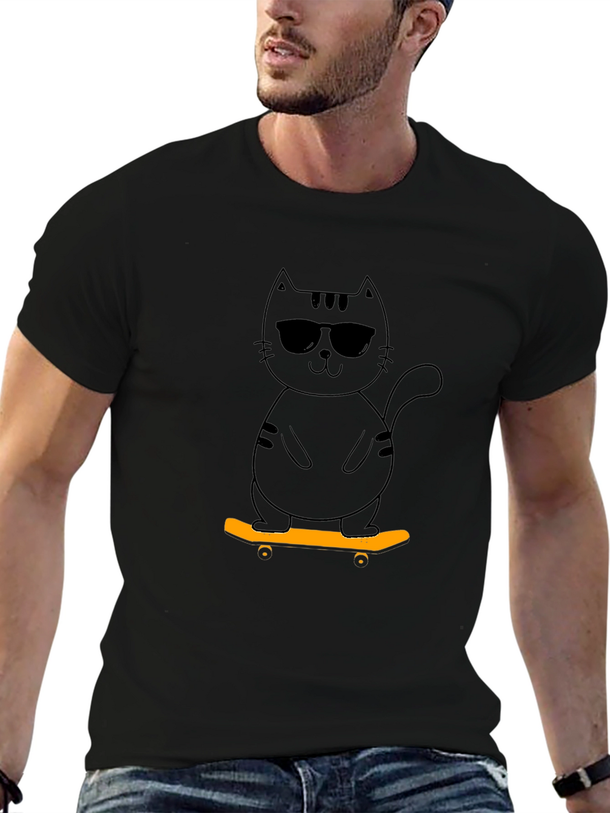 Cool Cat Skateboard Graphic Tee - Black