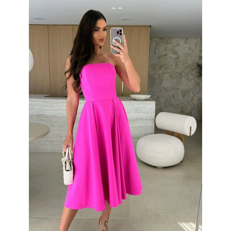 Women's Solid Color Tube Midi Dress, Socialite Style