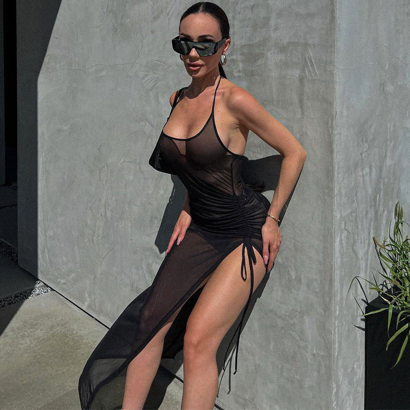 Women's Summer Sexy Mesh See-Through Split Drawstring Maxi Dress